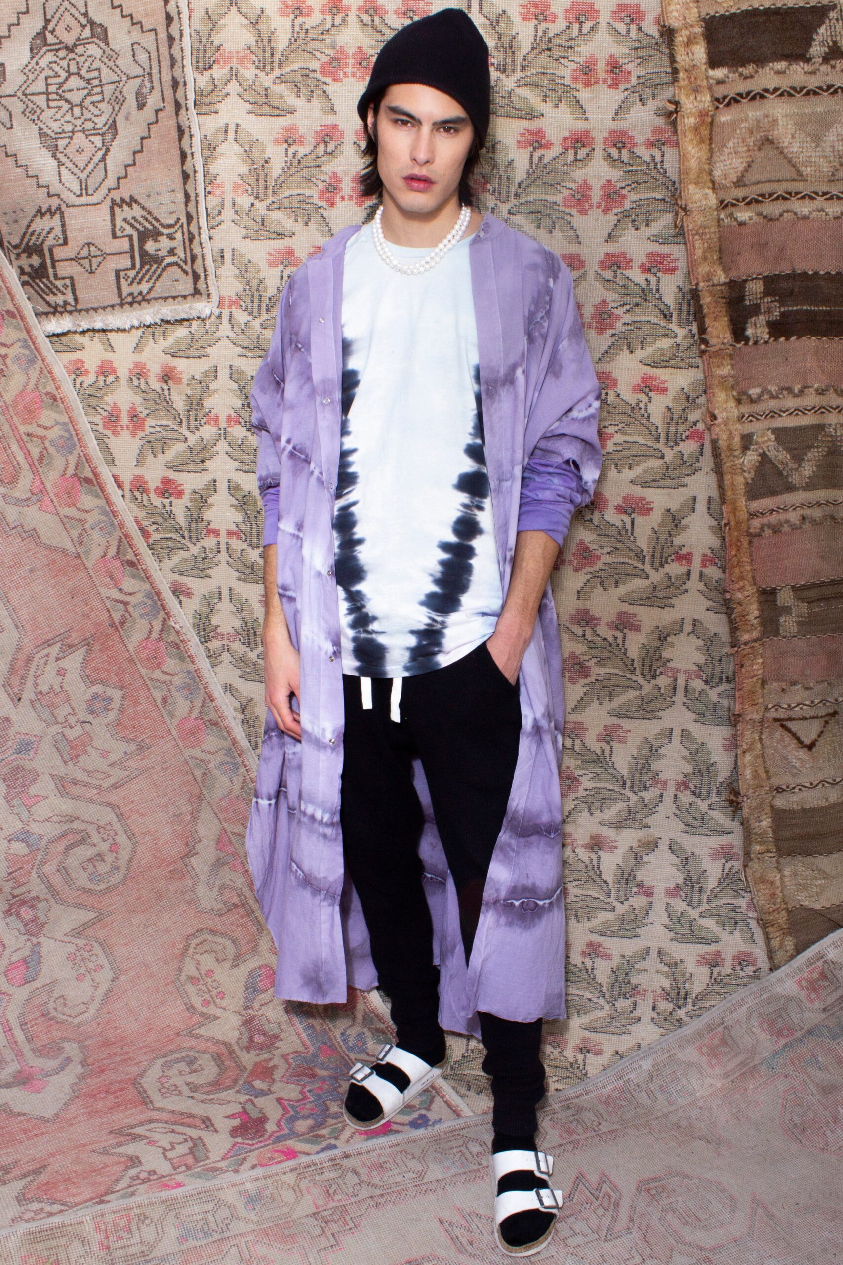 purple coat with tie-dye t-shirt