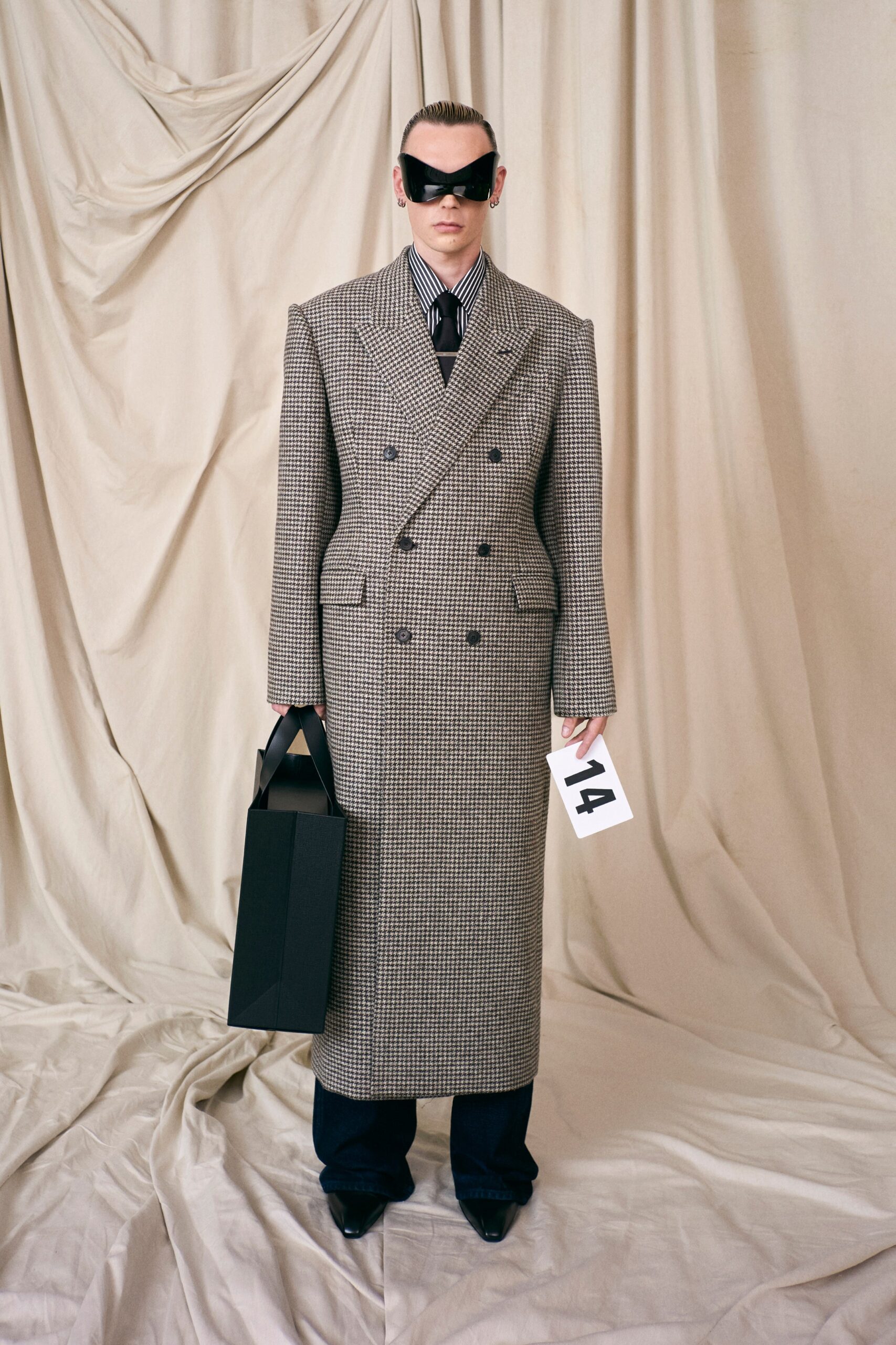 brown wool long-sleeve collared tailored checked maxi coat