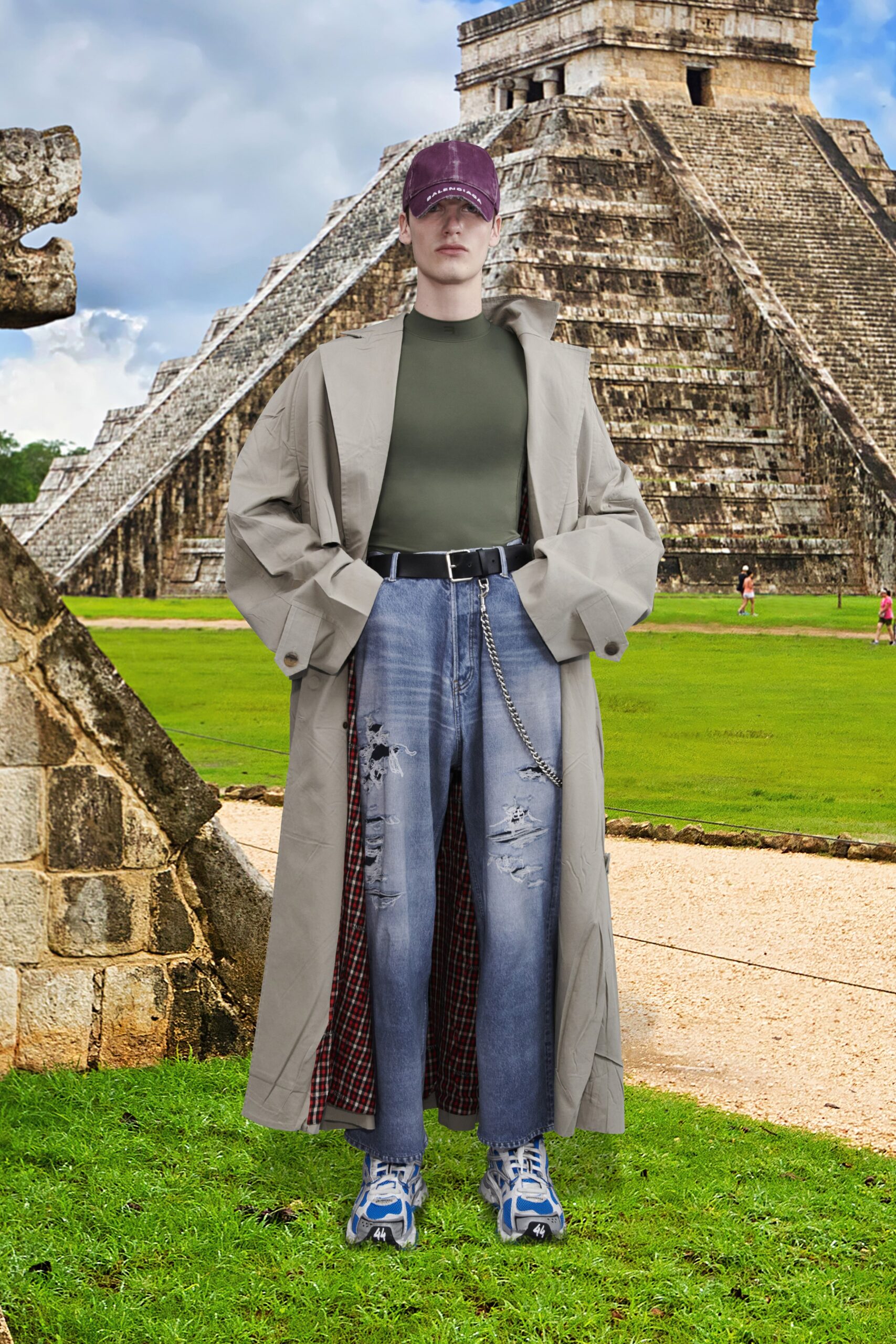beige oversized trench coat with green top