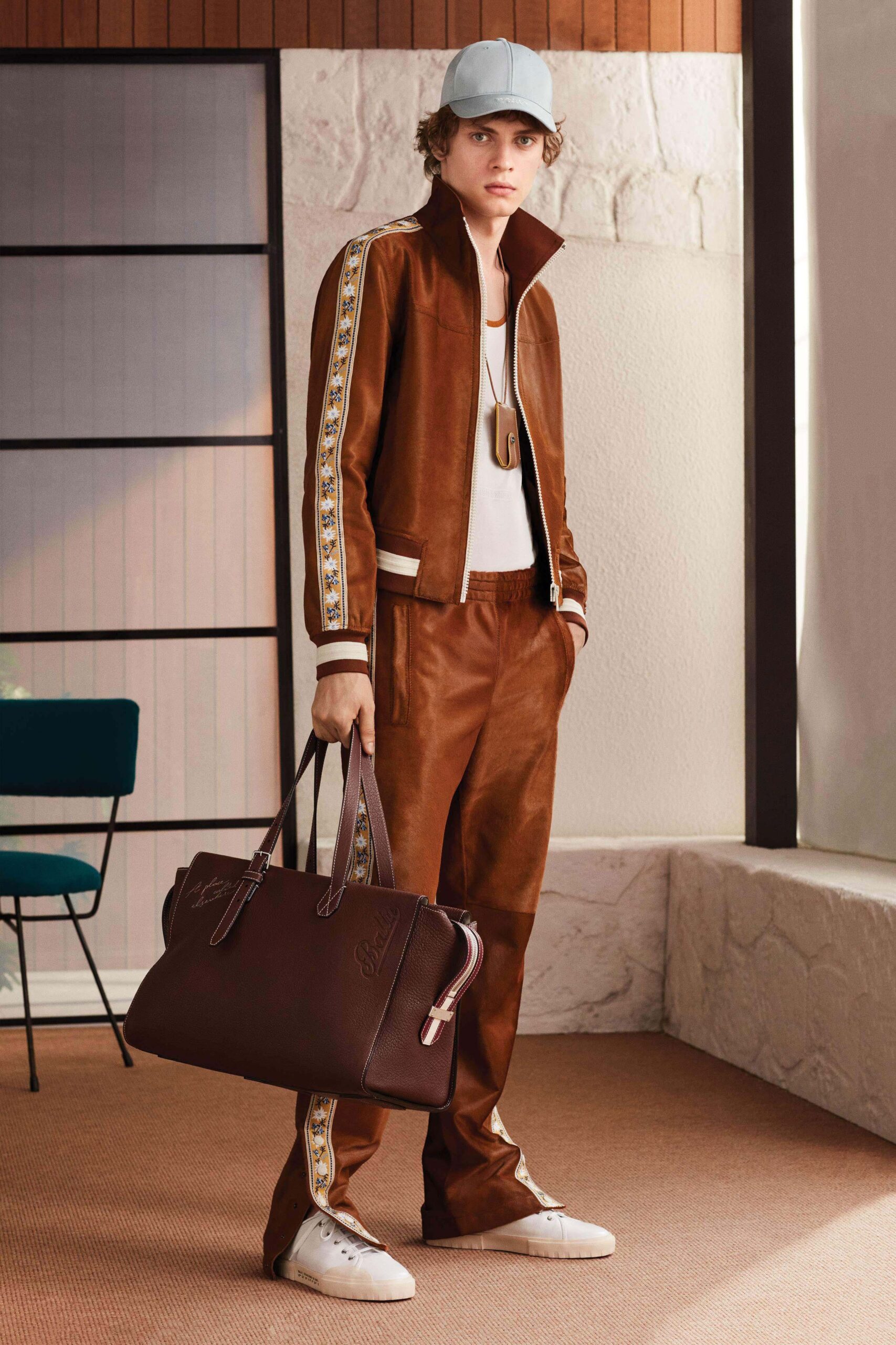 brown suede fitted straight-leg pants