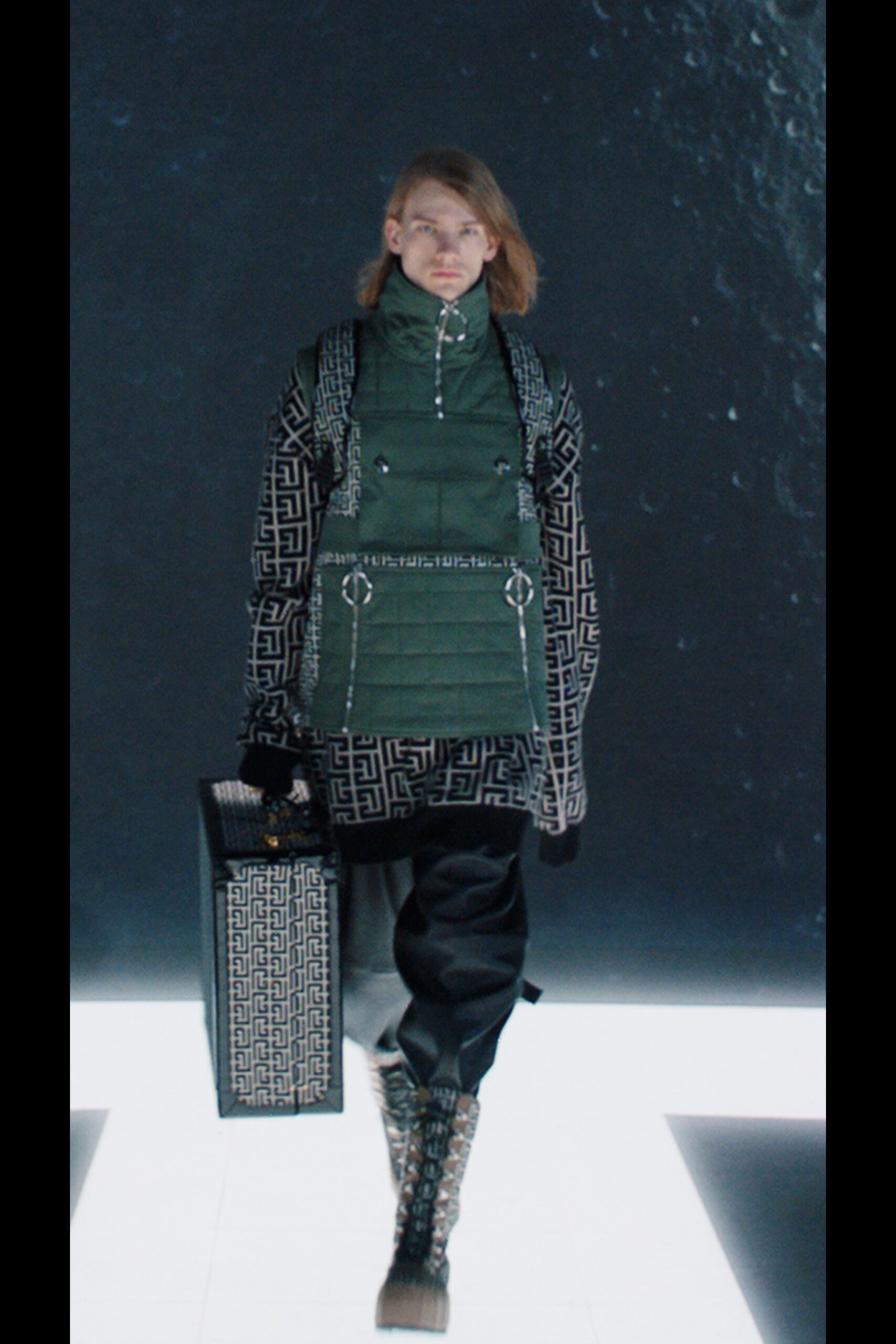 green quilted jacket with cargo pants