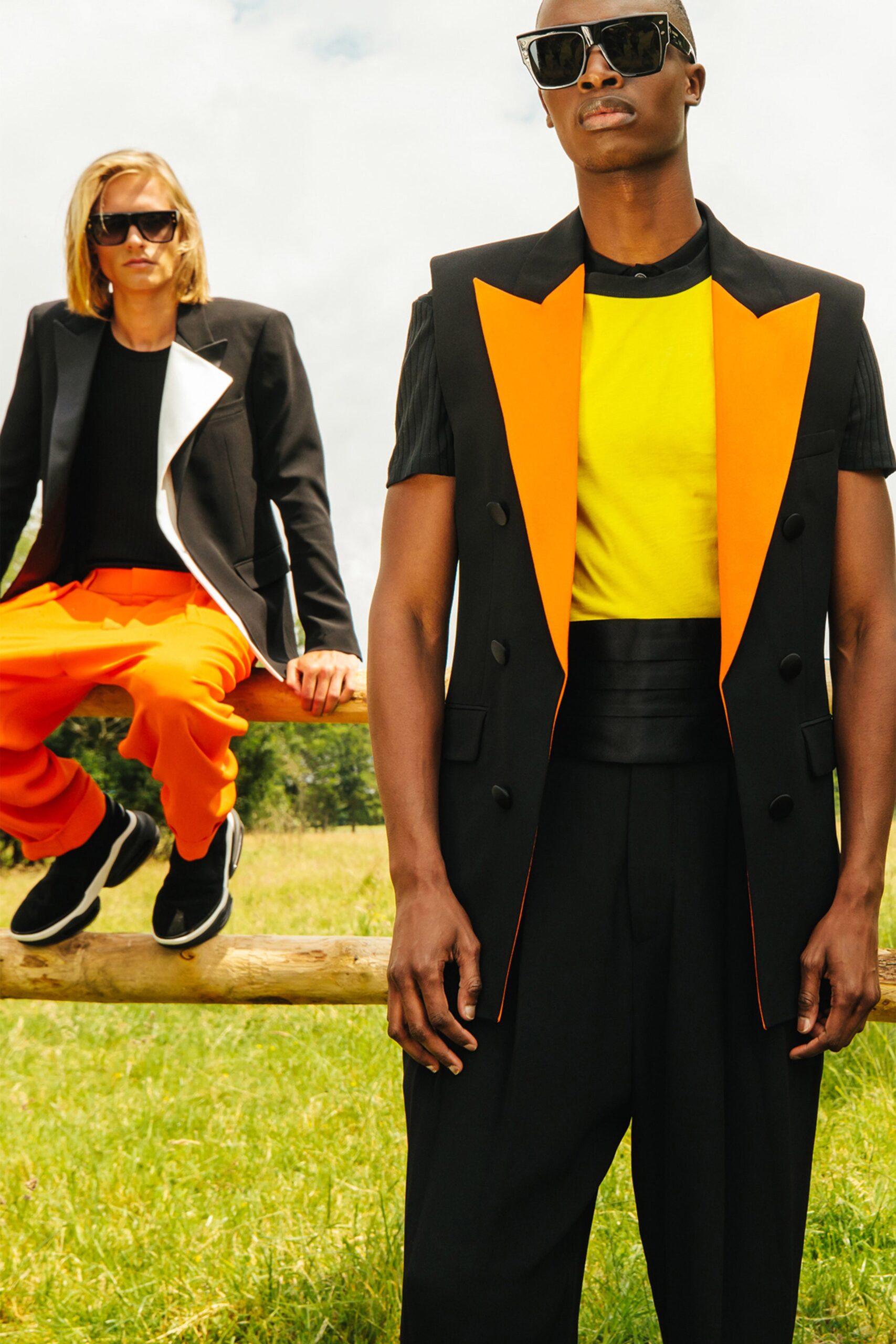tailored black orange blazer with yellow t-shirt