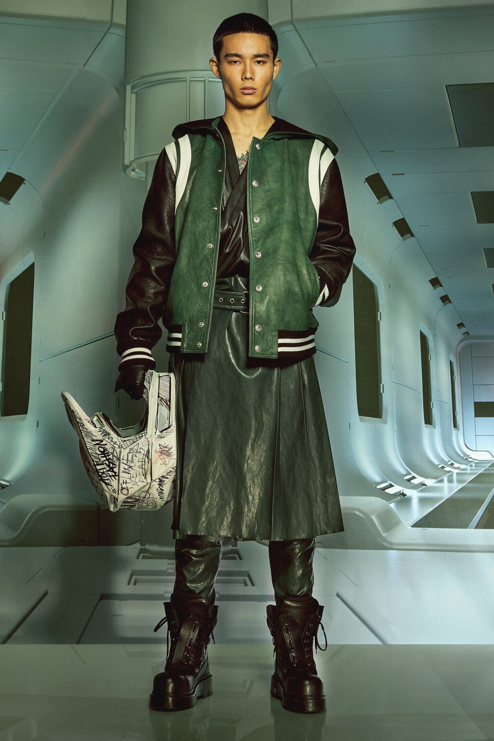 green leather jacket and skirt
