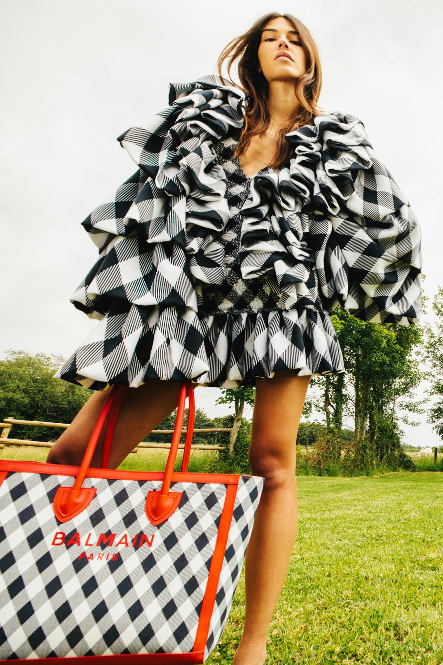 ruffled checked mini dress with bag