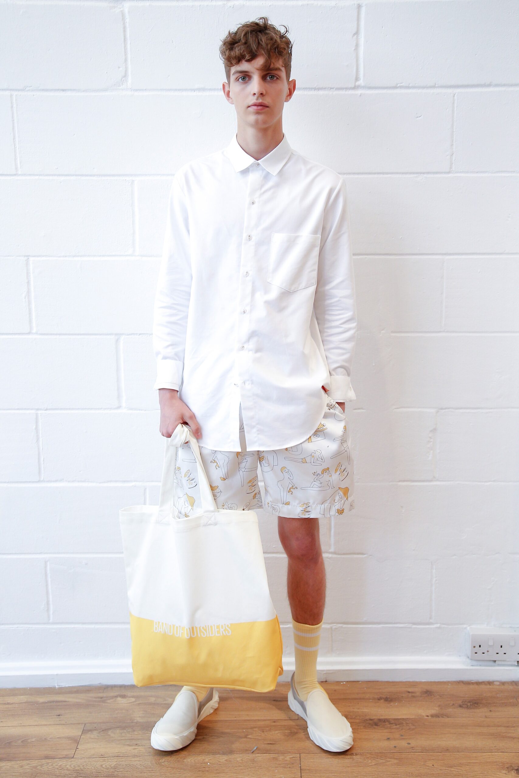 white fitted shirt with multi shorts