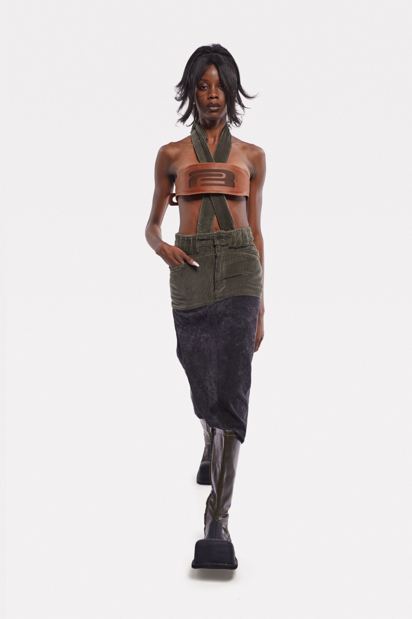 brown leather halter top and black midi skirt
