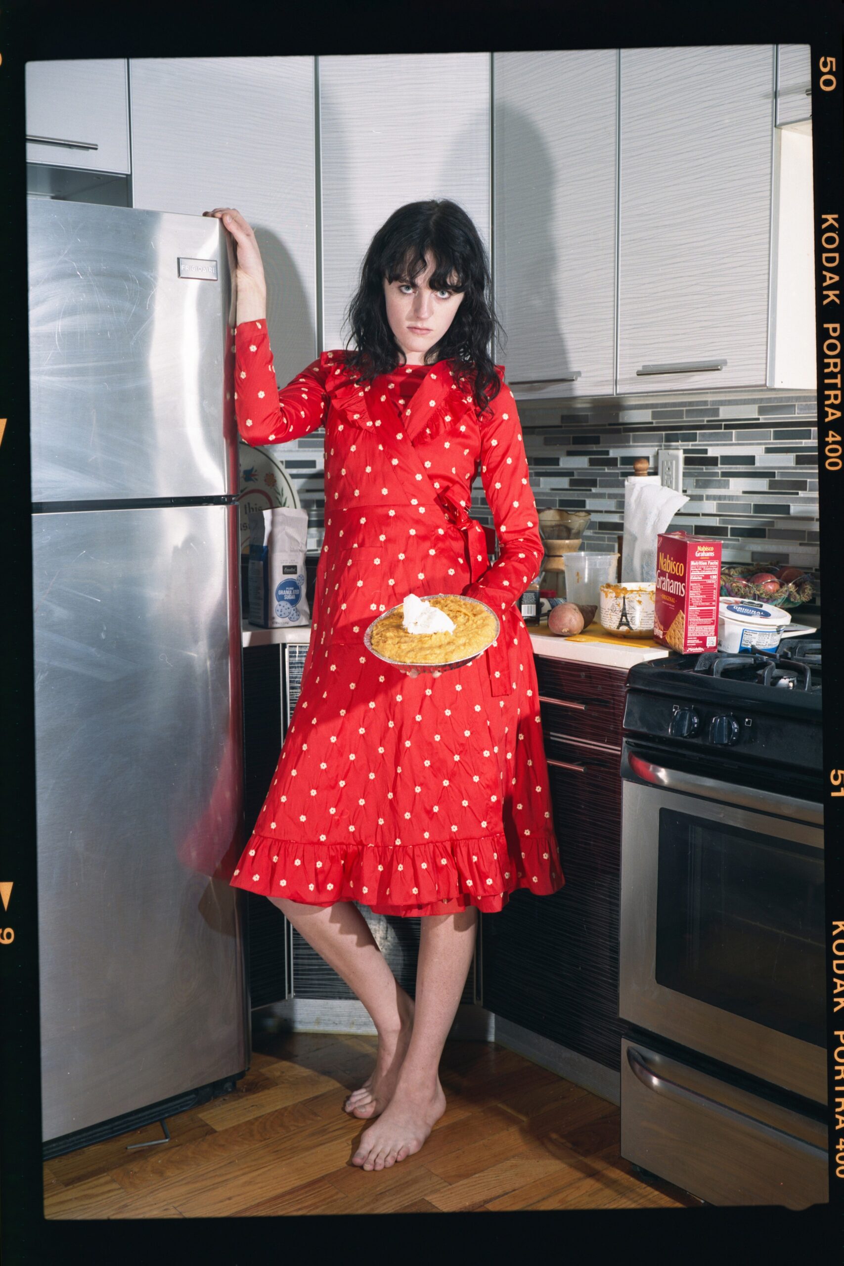 red cotton long-sleeve dress