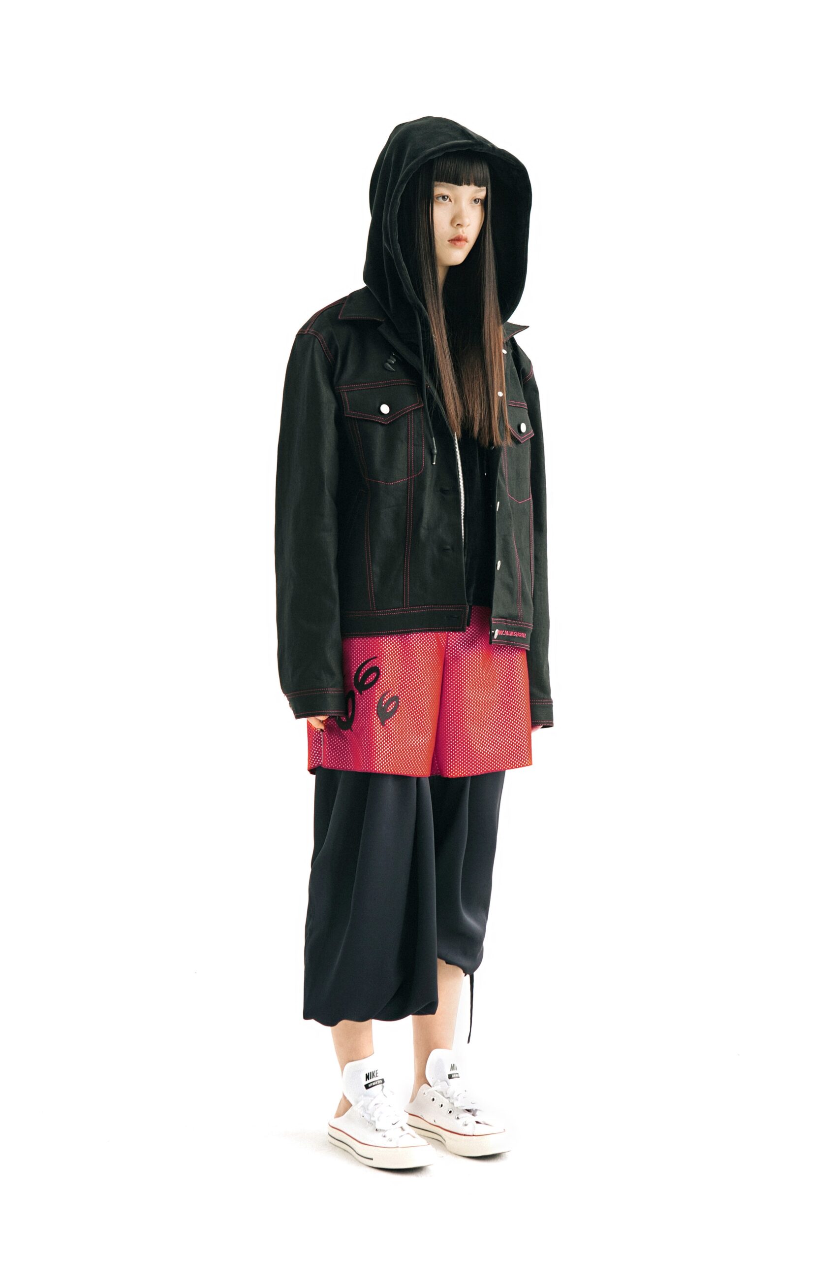 black relaxed jacket with red top