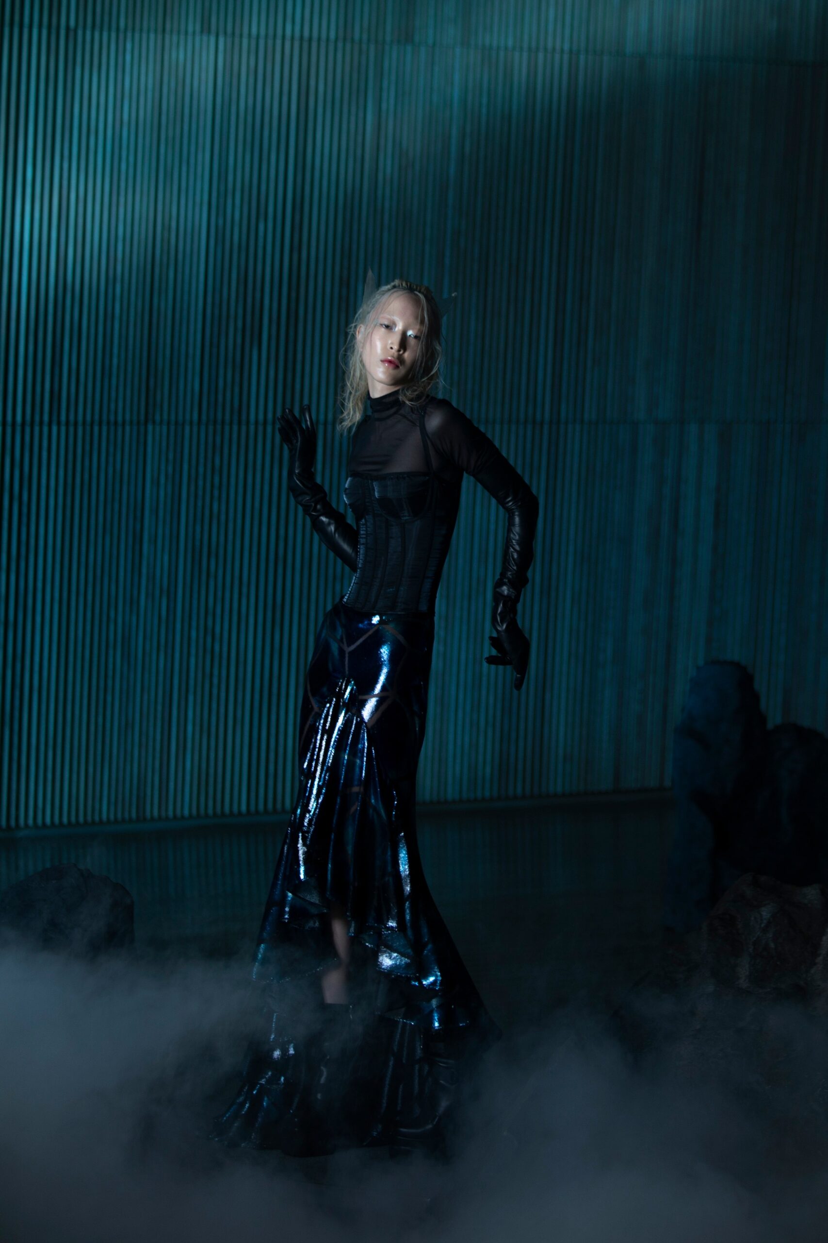 black leather corset and vinyl skirt