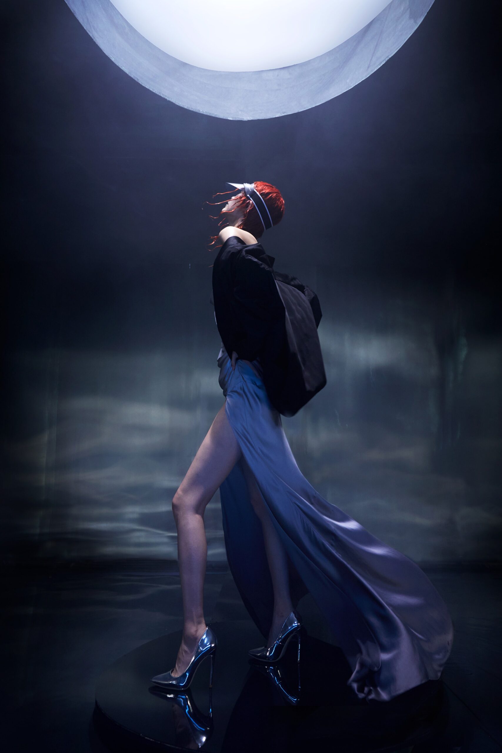 blue silk asymmetric dress with oversized jacket