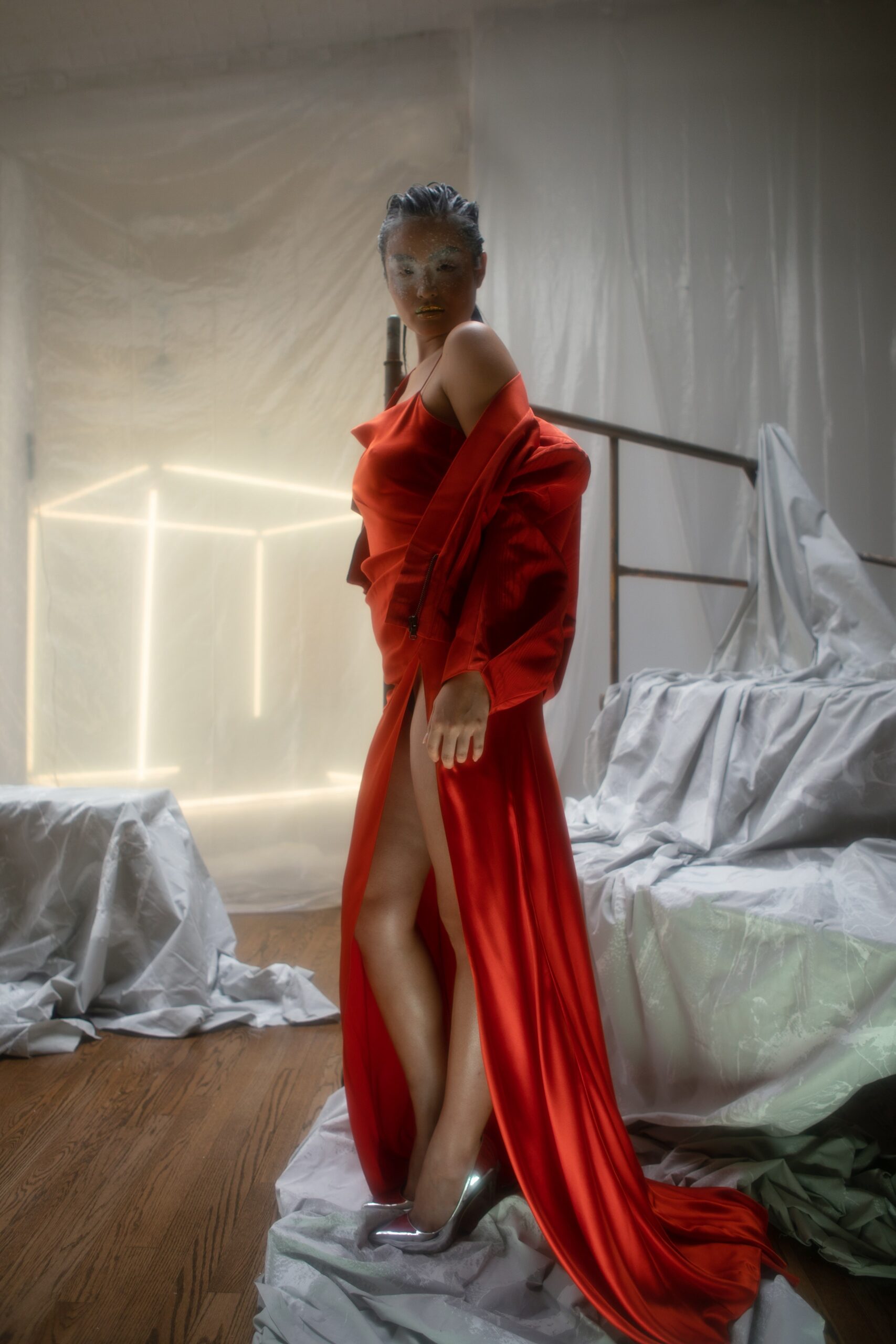 red silk gown with jacket