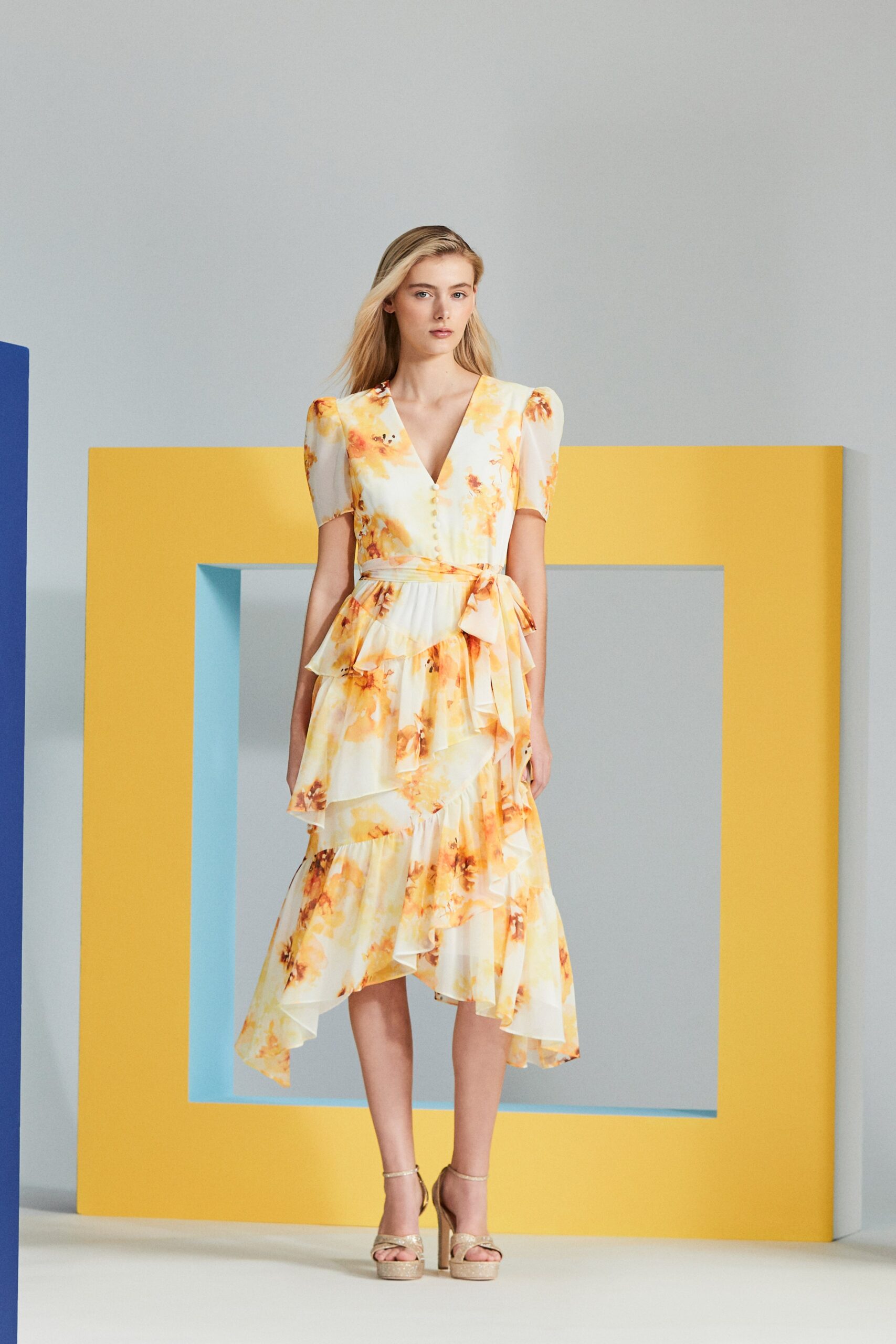yellow orange tiered midi dress