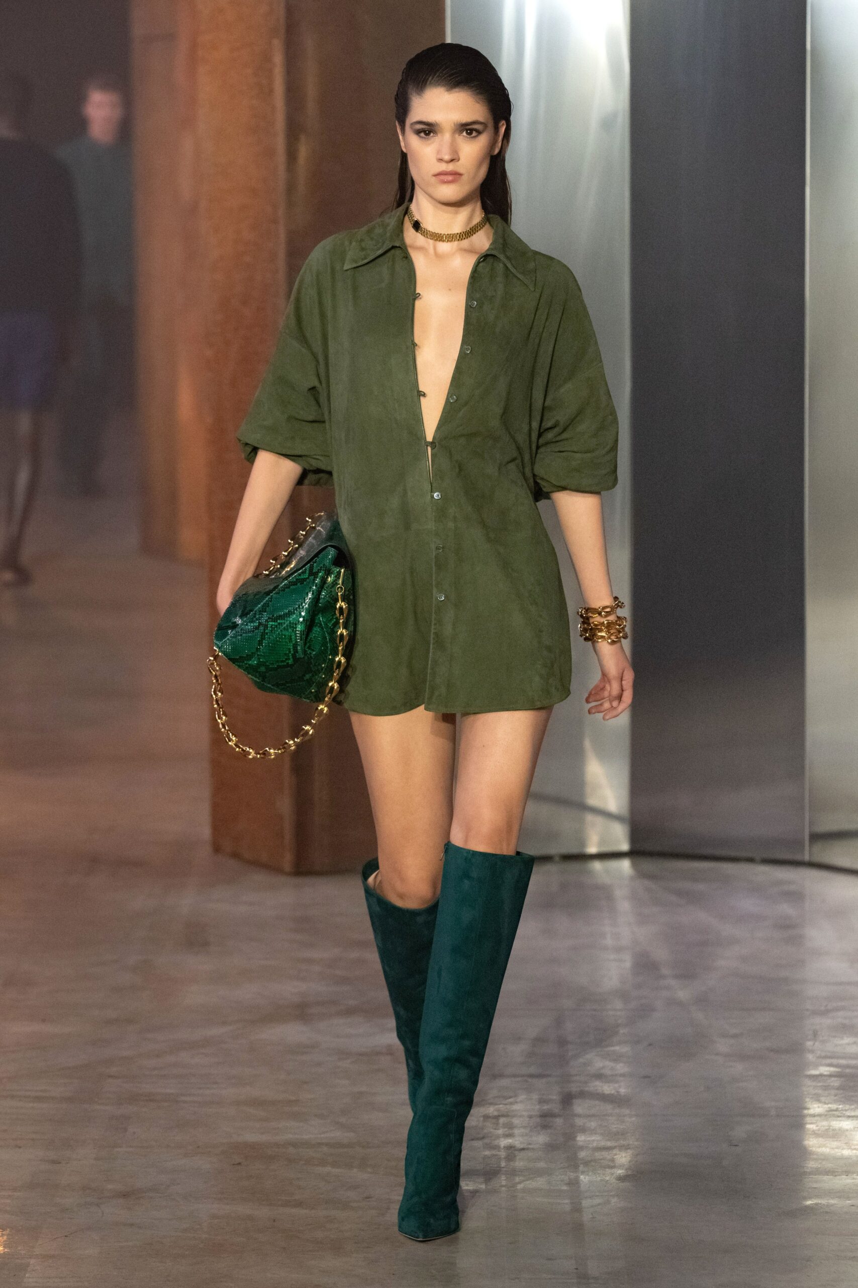 green suede short-sleeve v-neck fitted buttoned mini shirt-dress