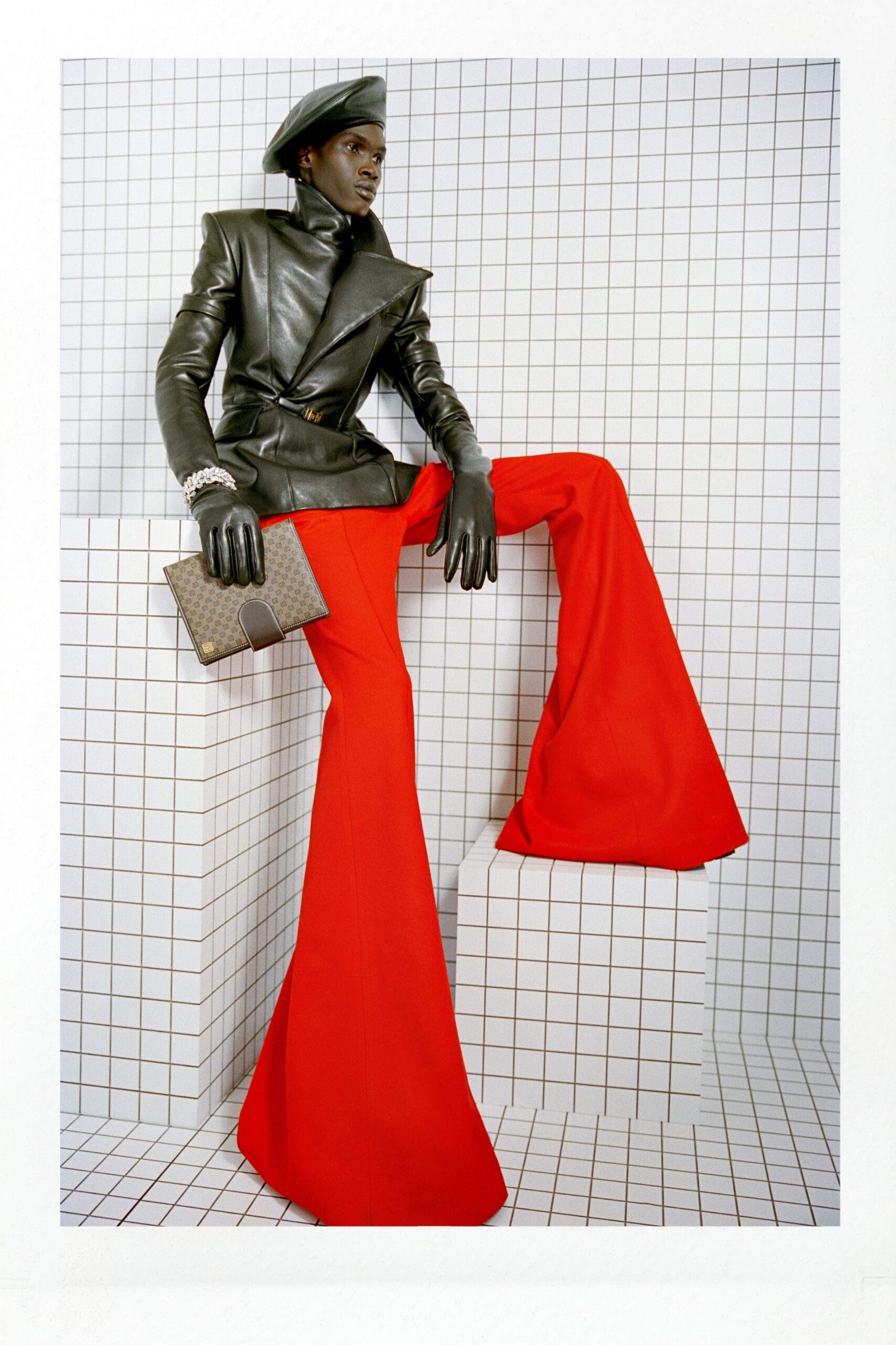 red wool fitted flared pants