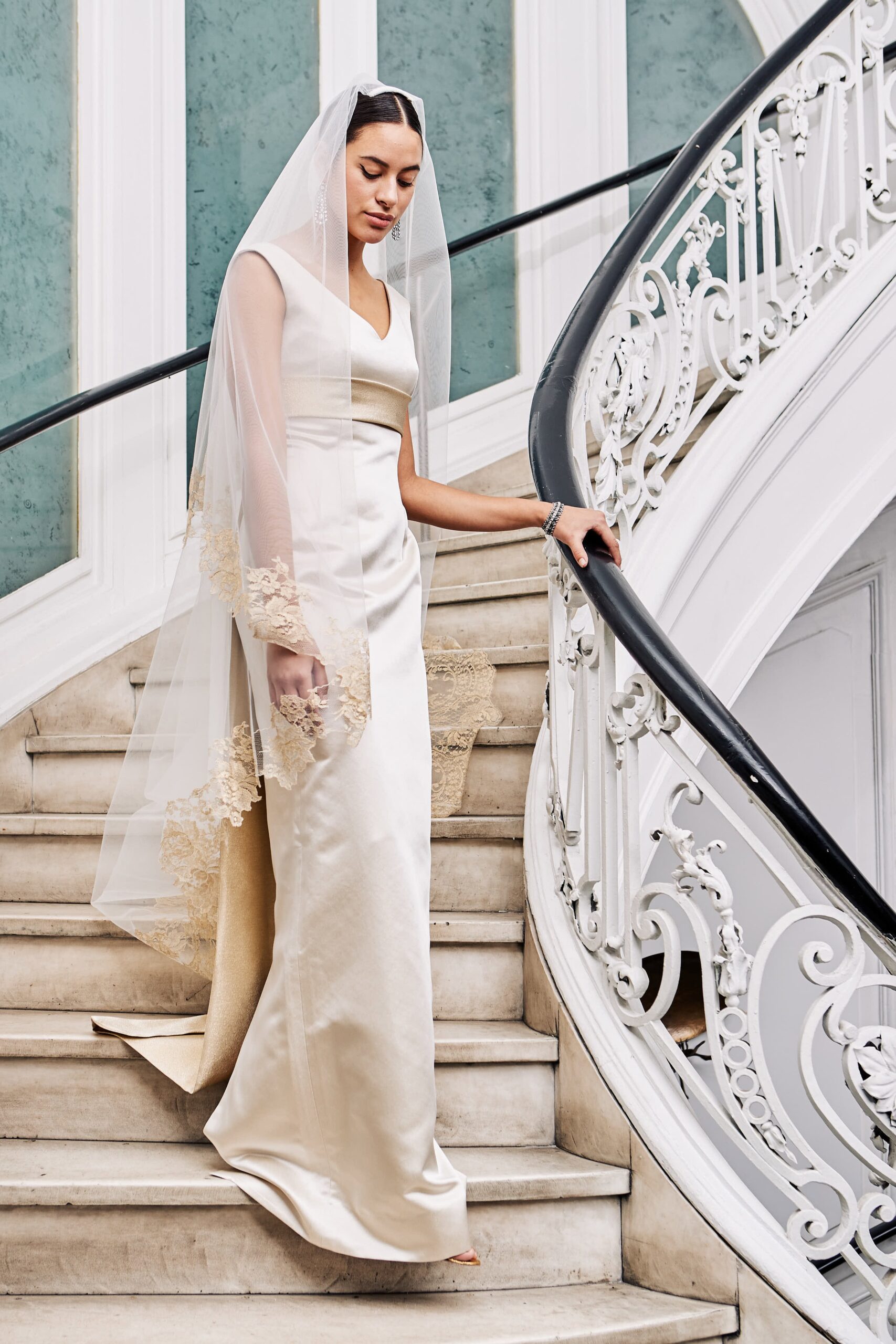 ivory silk fitted gown with veil
