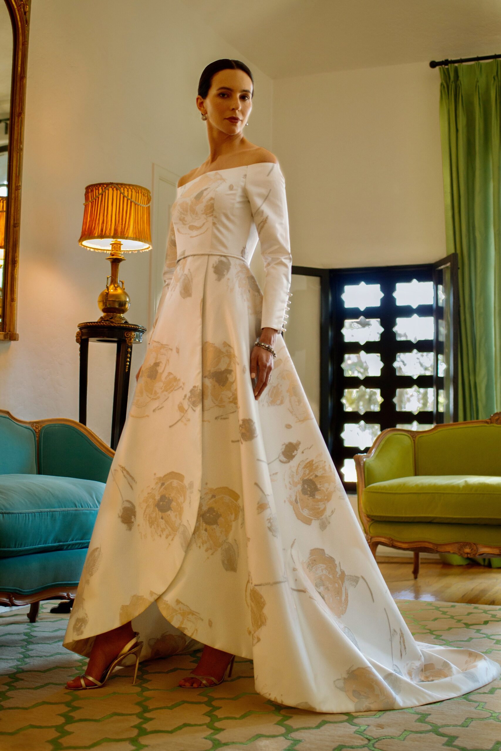 white silk off-shoulder gown