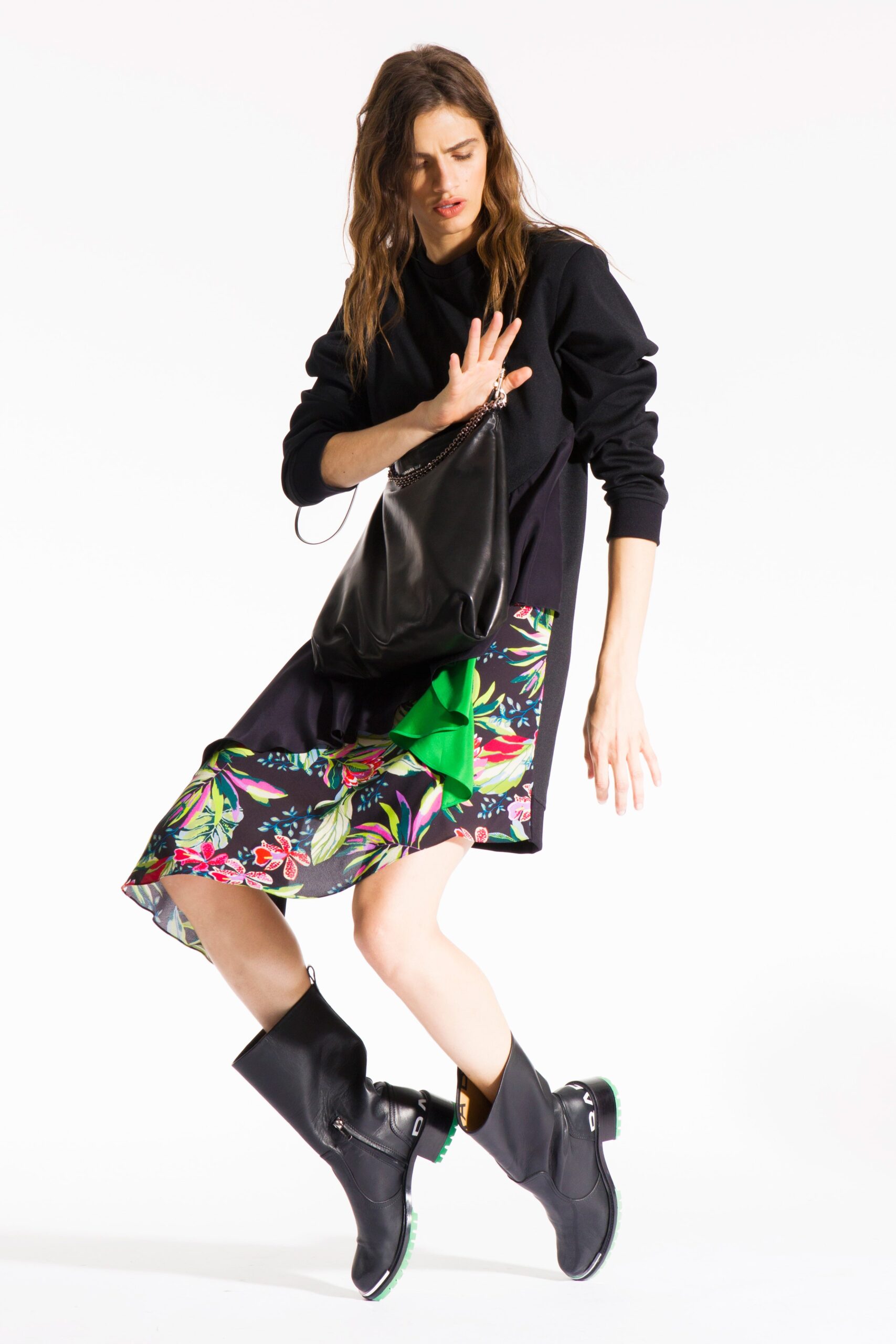 black relaxed midi dress with floral print