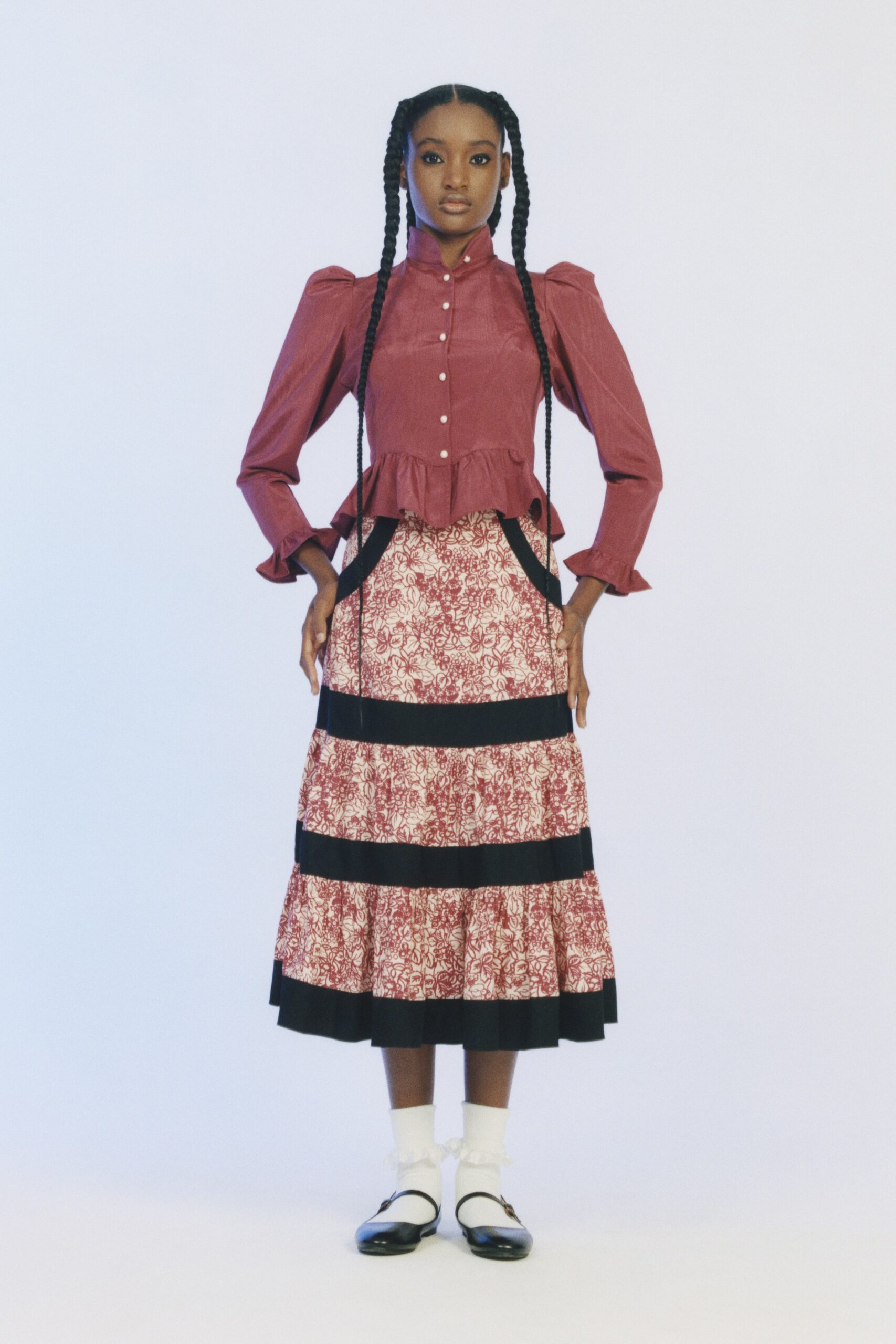 red long-sleeve collared fitted pleated blouse