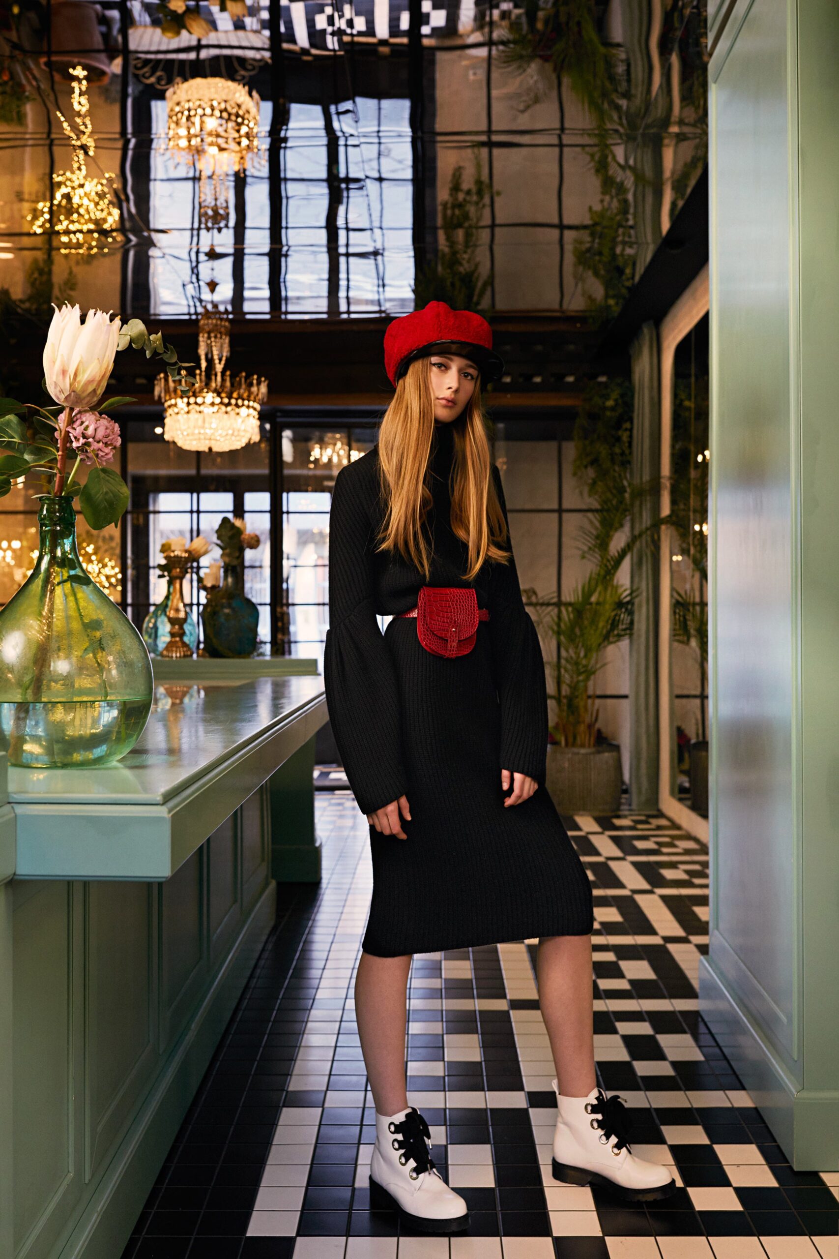 black fitted knit midi dress