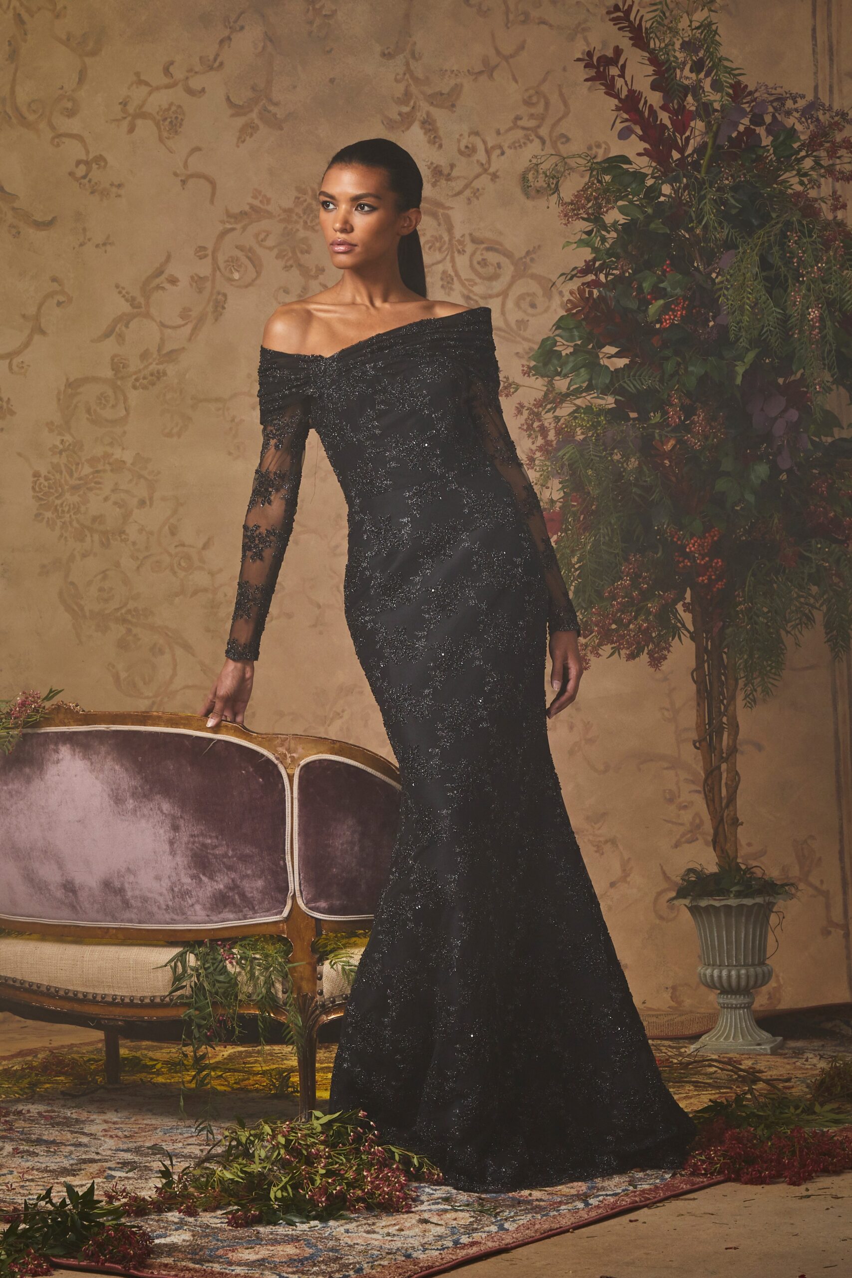 black lace off-shoulder gown