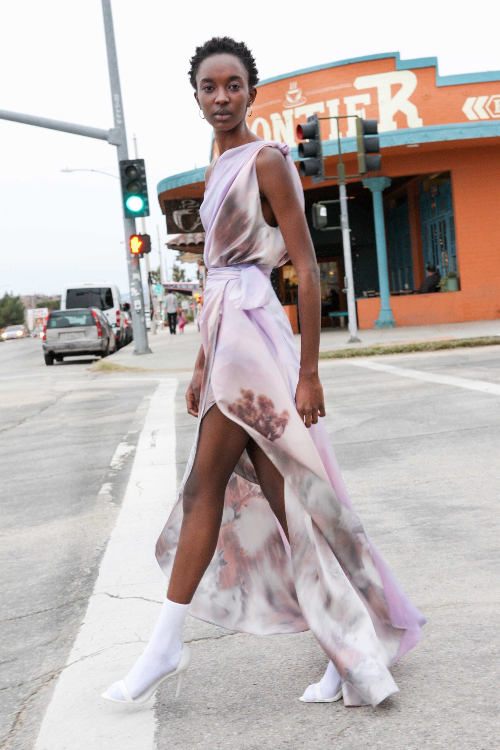 purple pink silk midi dress