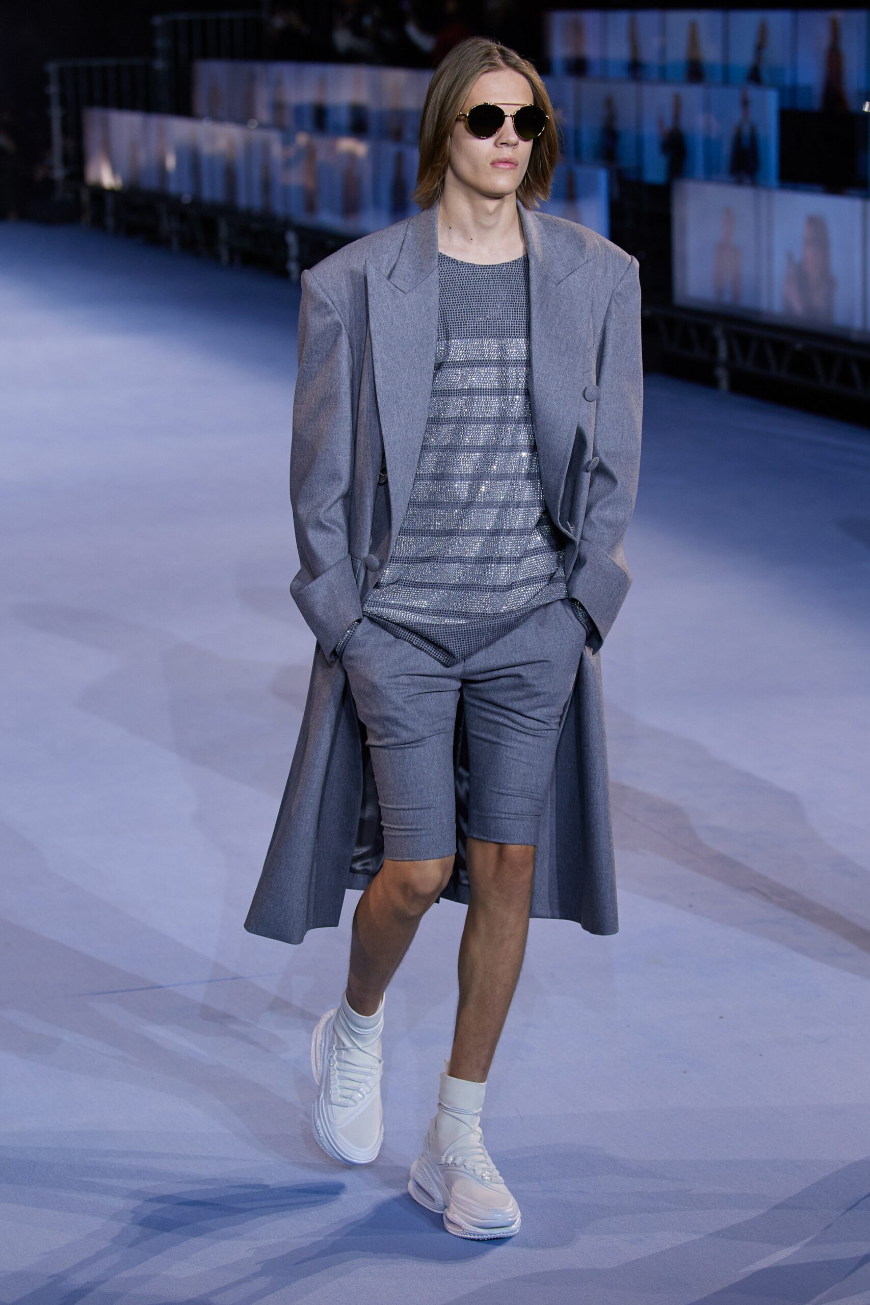 gray oversized coat with shorts