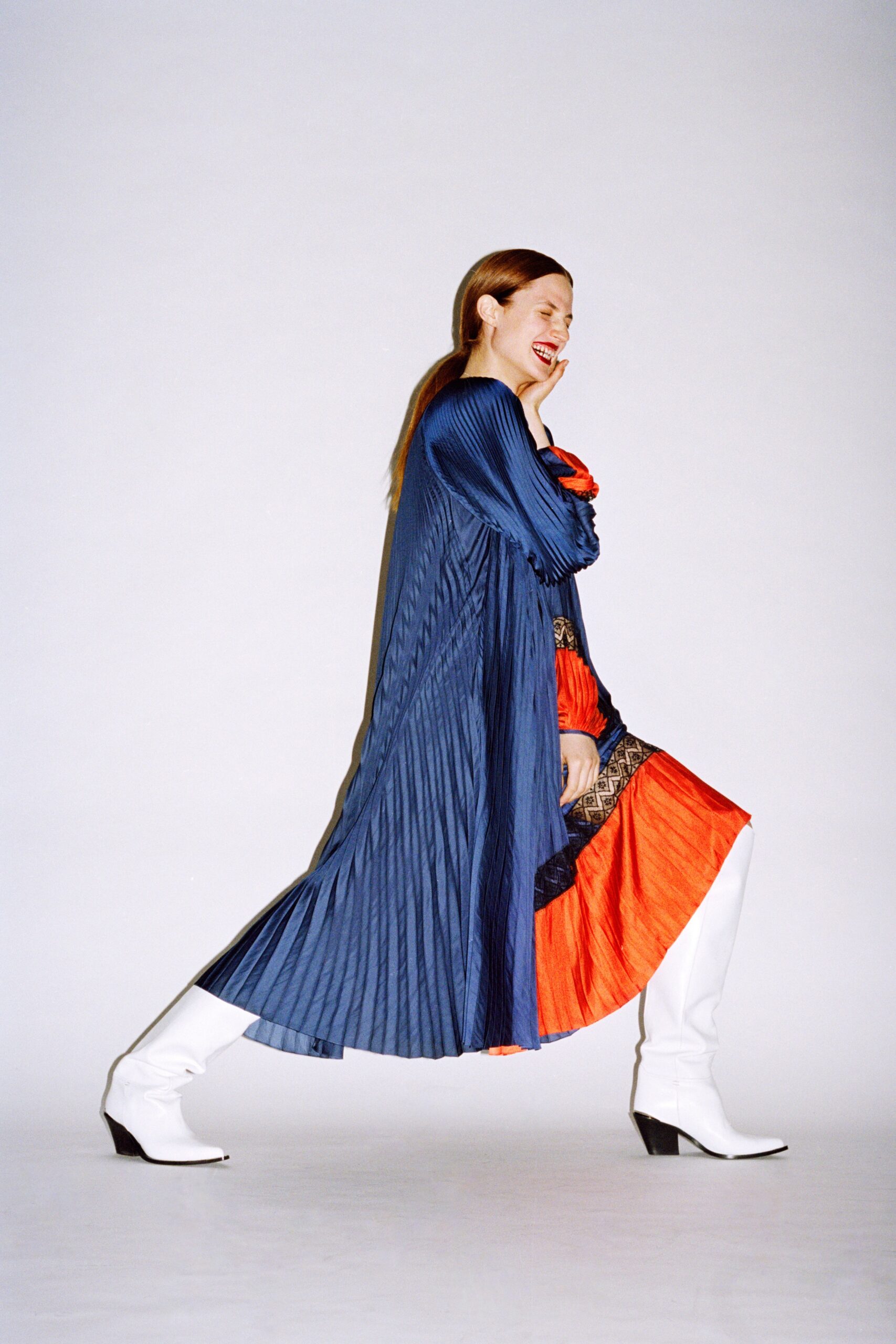 blue silk long-sleeve v-neck fitted pleated layered dress