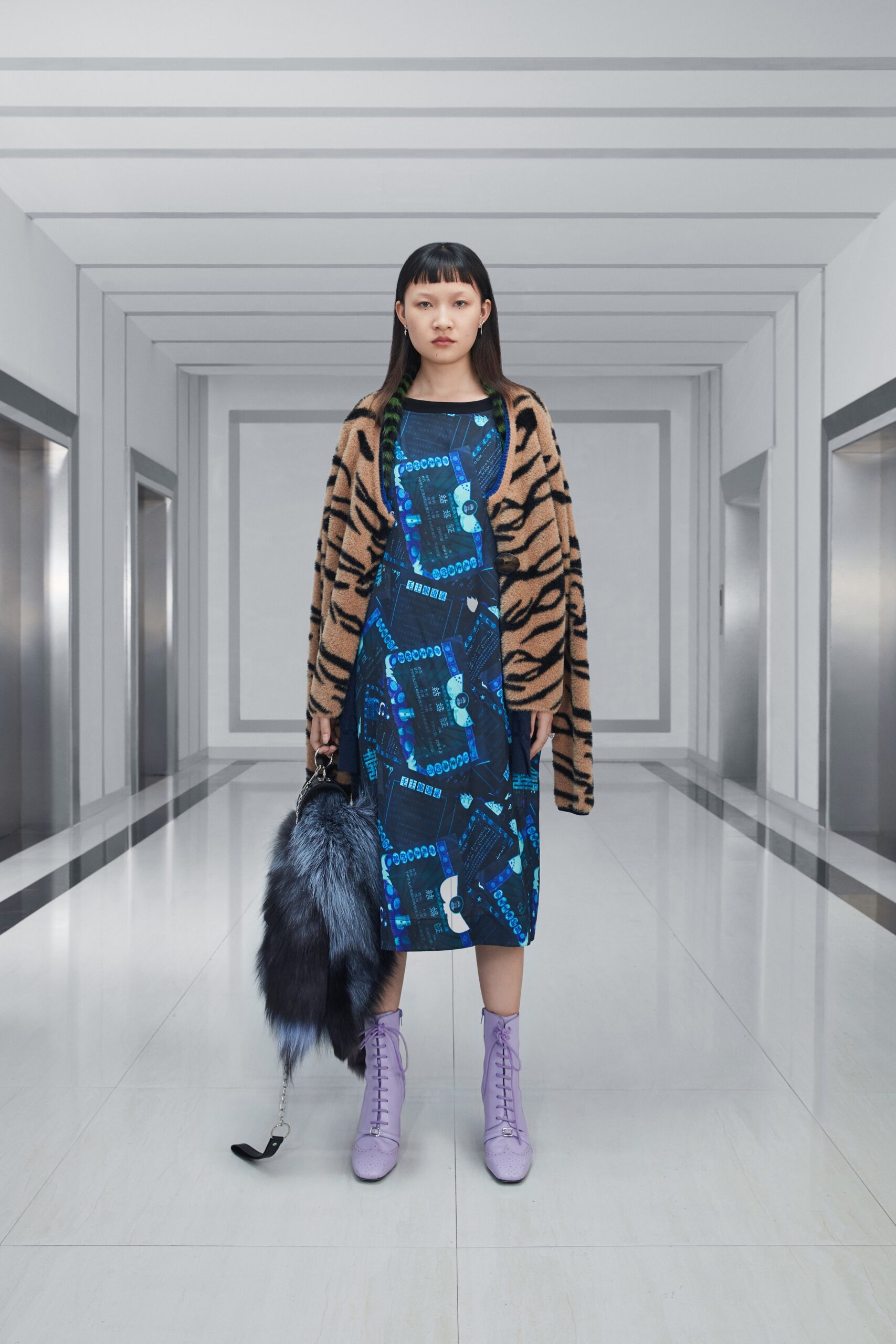 blue printed midi dress with cardigan