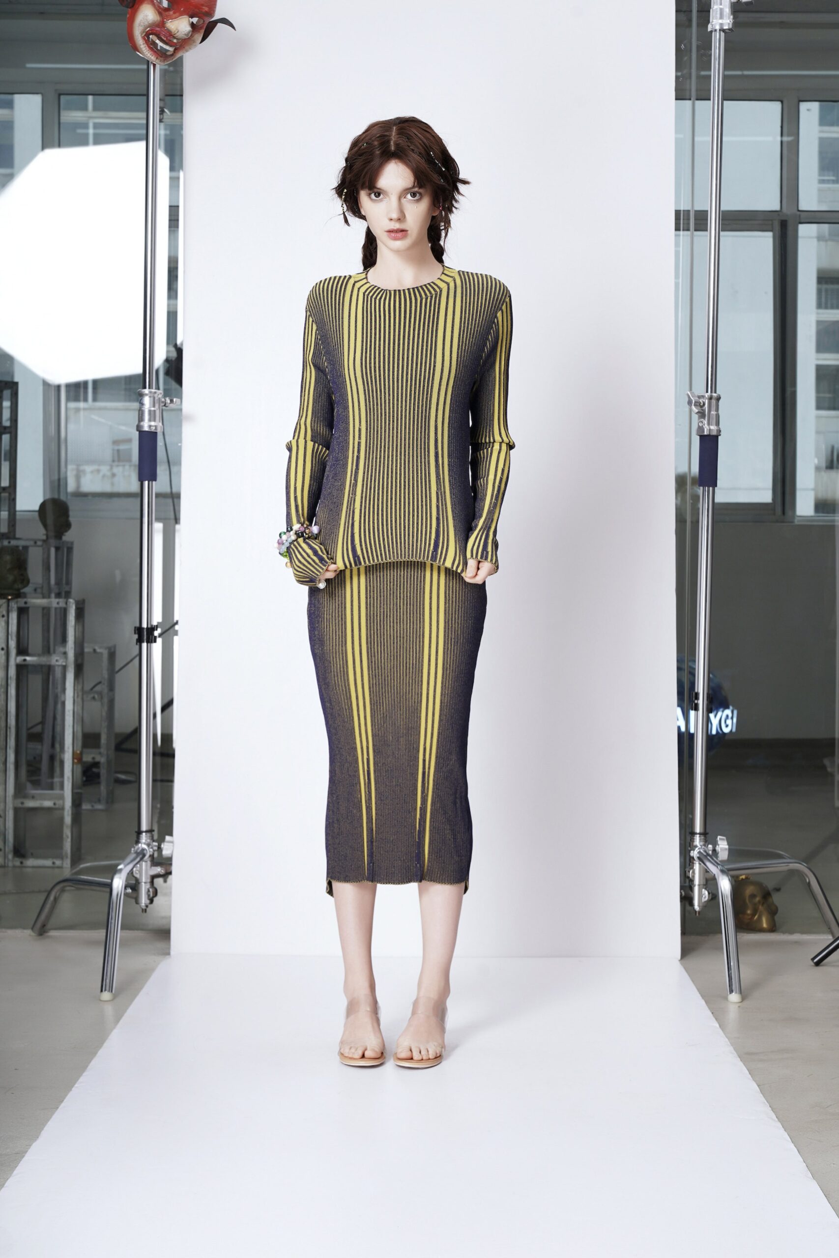 black and yellow striped fitted dress