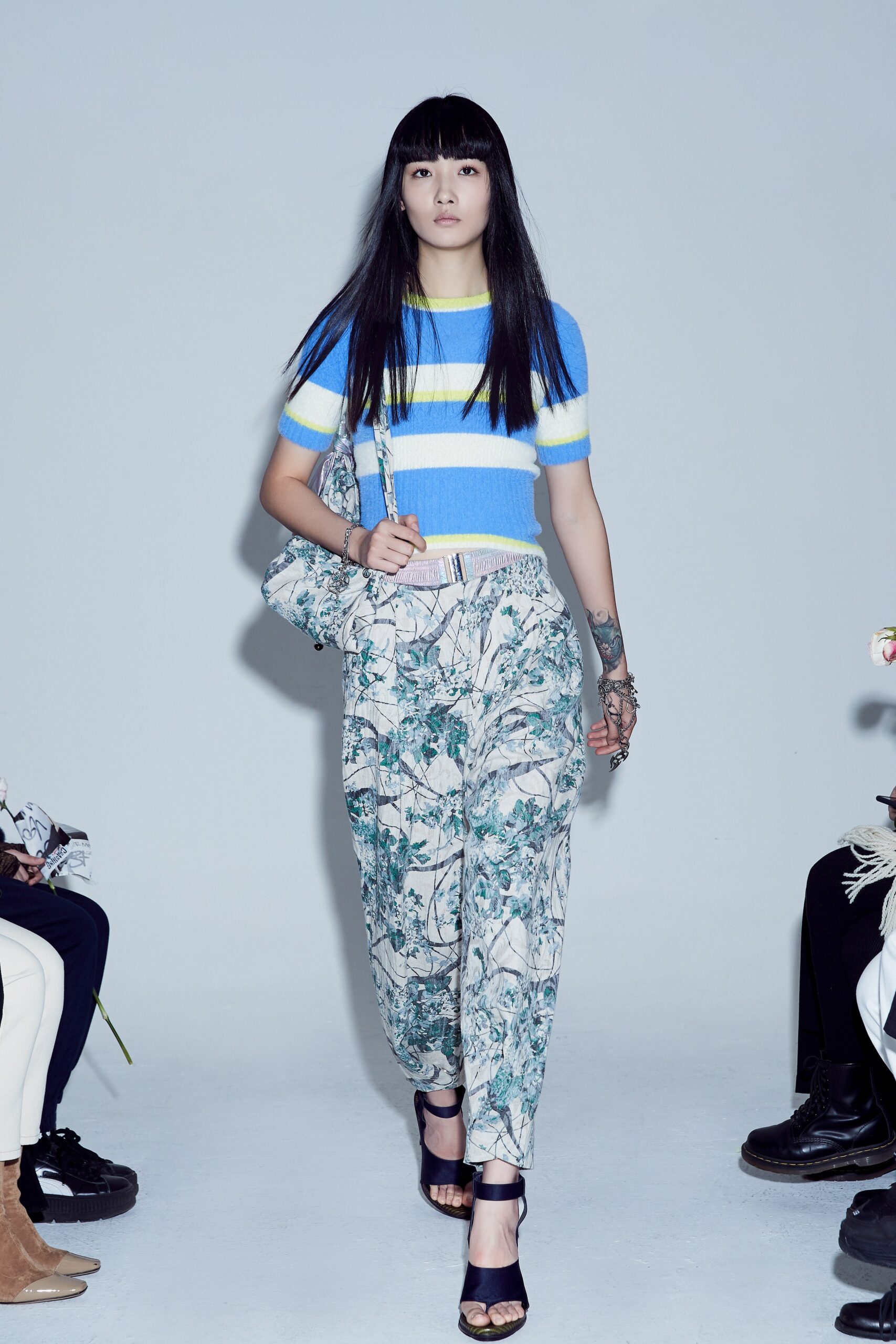 blue striped top with relaxed pants
