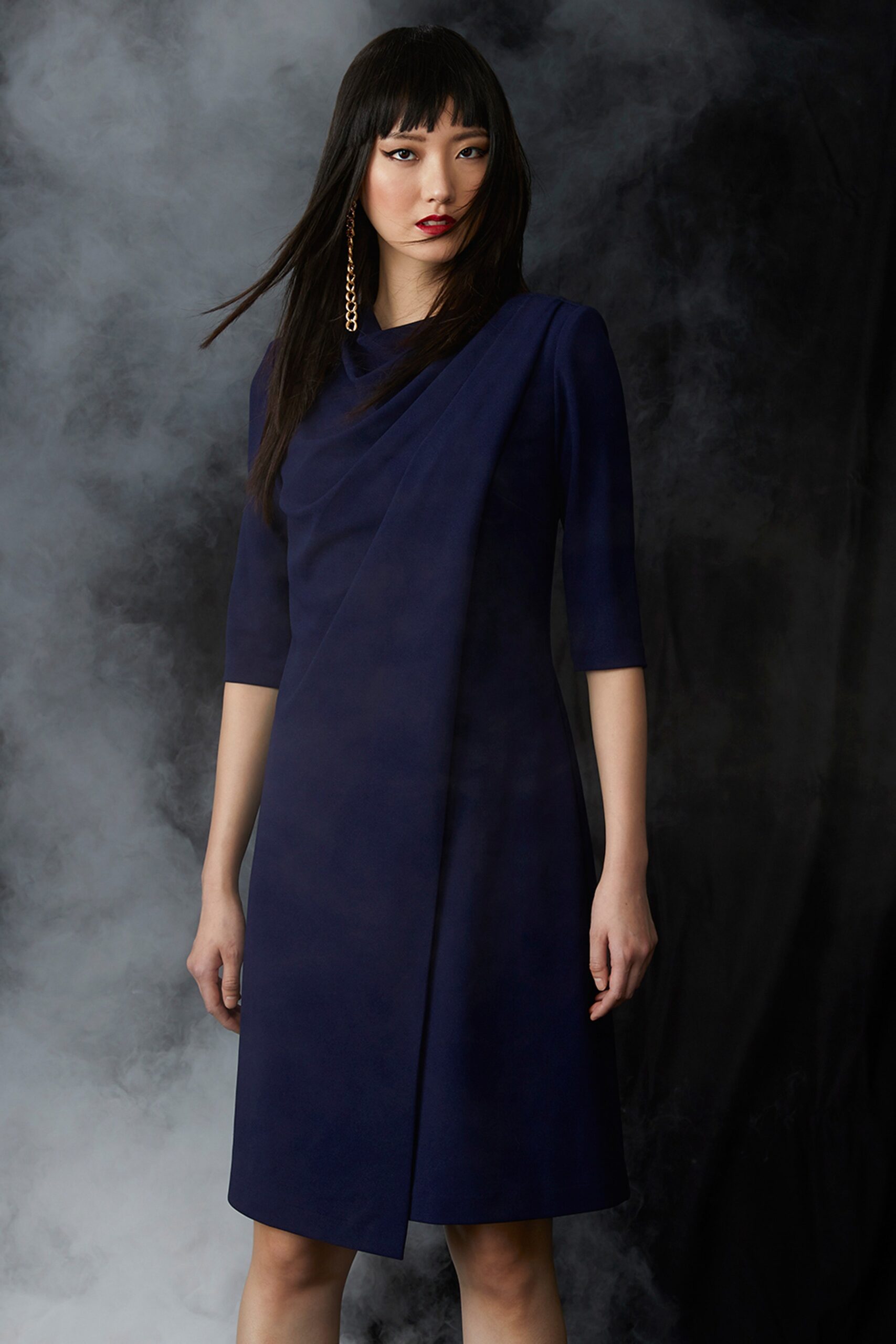 fitted navy silk draped dress