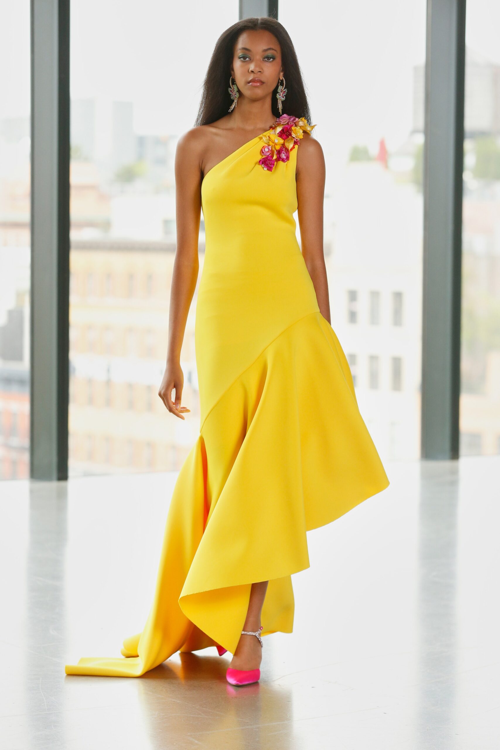 fitted yellow asymmetric gown