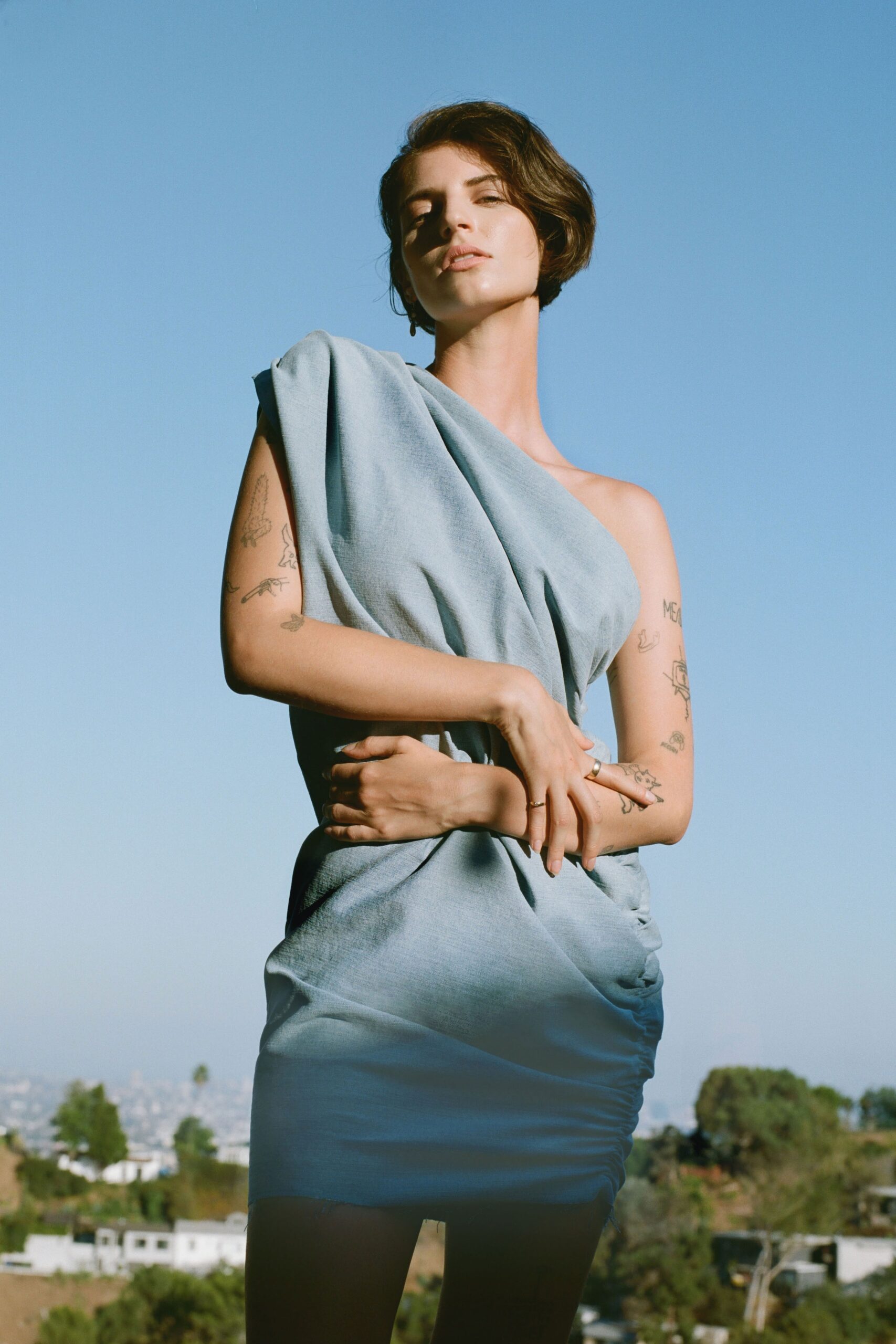 blue silk asymmetric dress