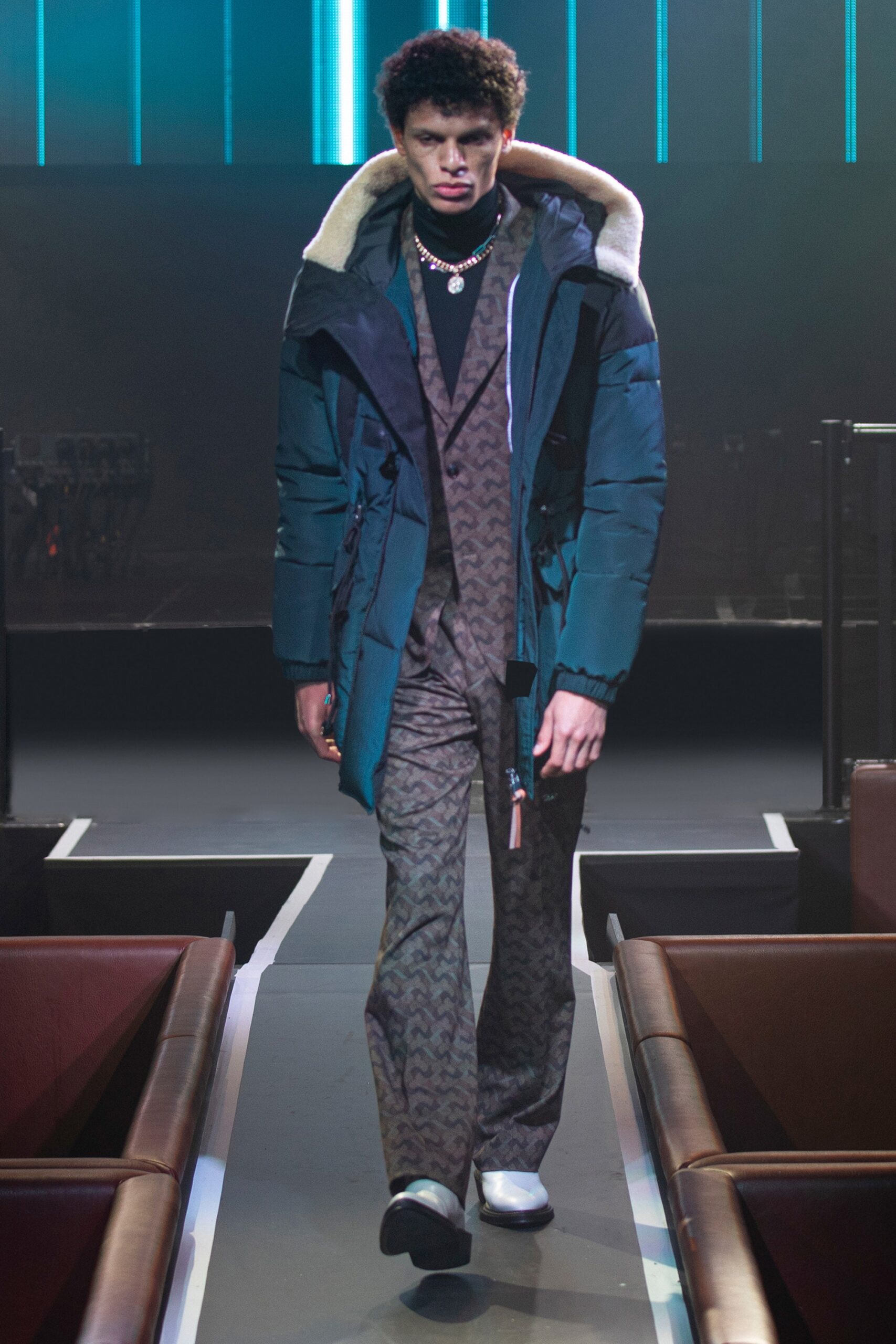 blue relaxed jacket with gray tailored suit