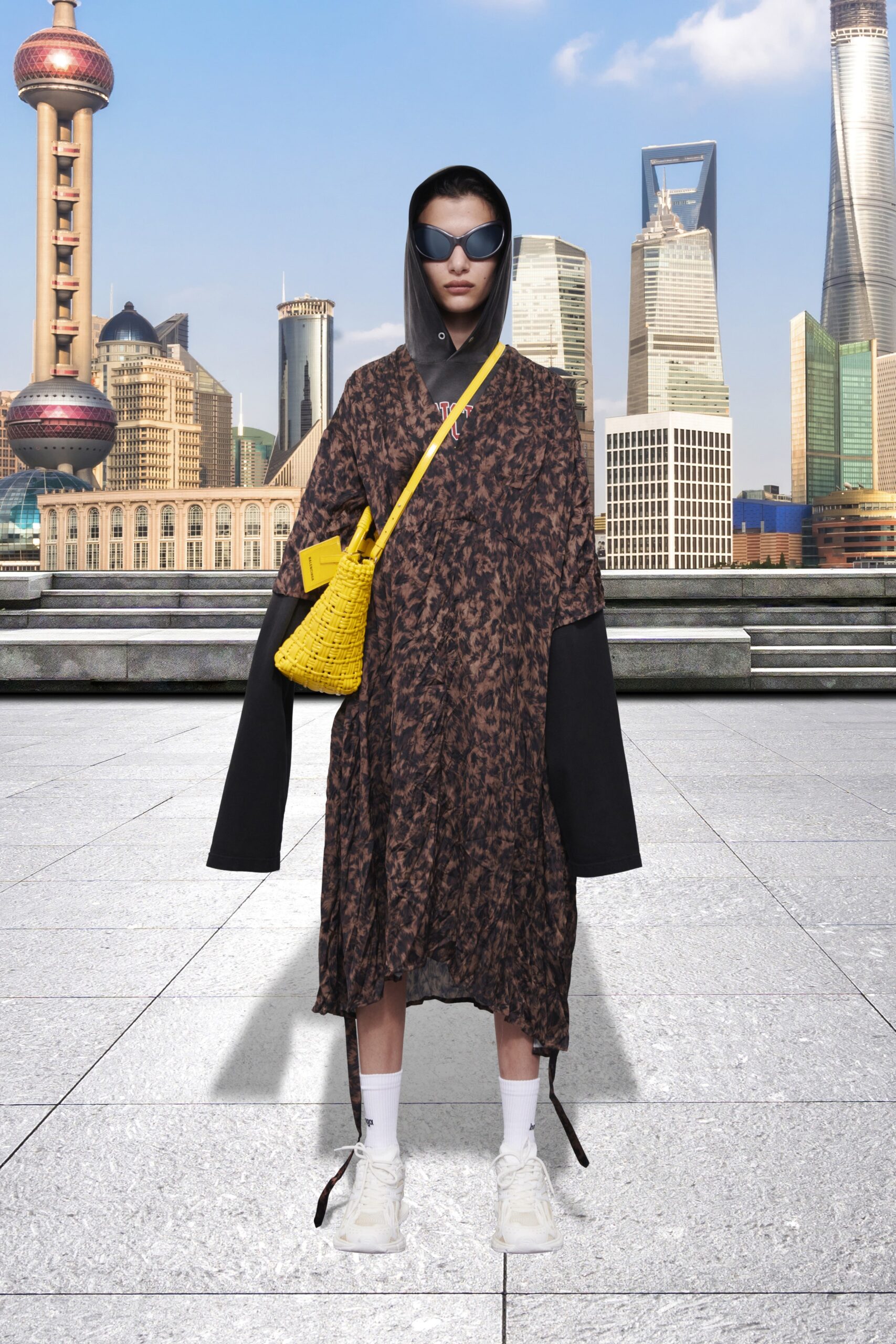 brown printed relaxed hooded dress