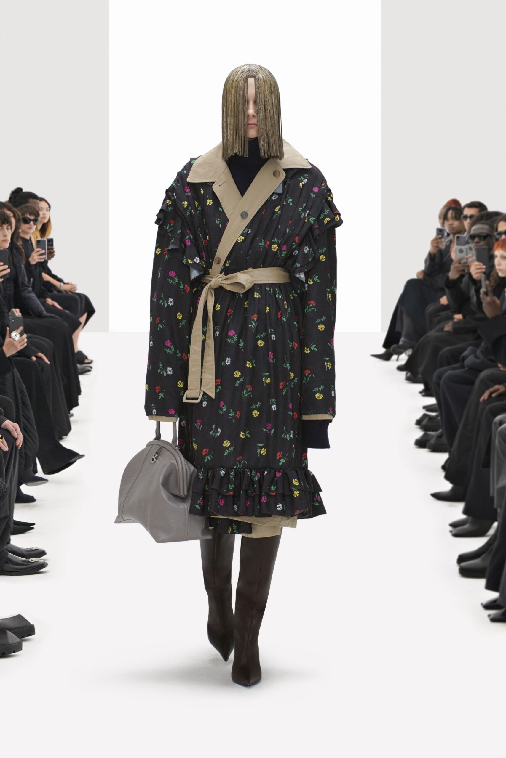black cotton long-sleeve collared relaxed floral ruffled coat