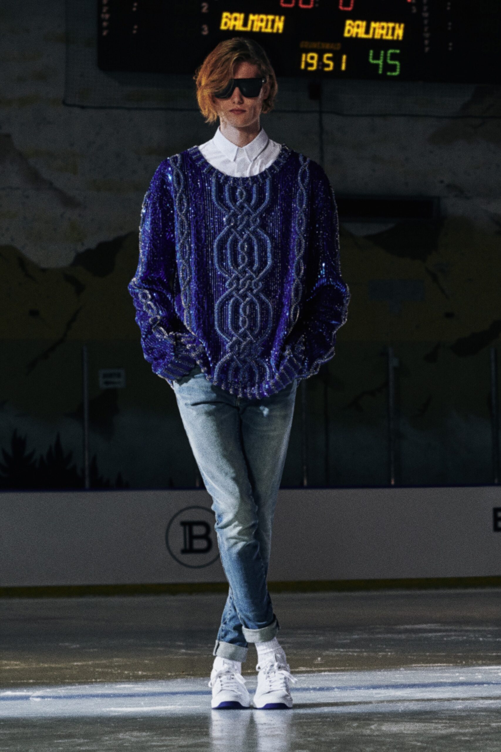 blue sequin long-sleeve collared relaxed layered shiny sweater
