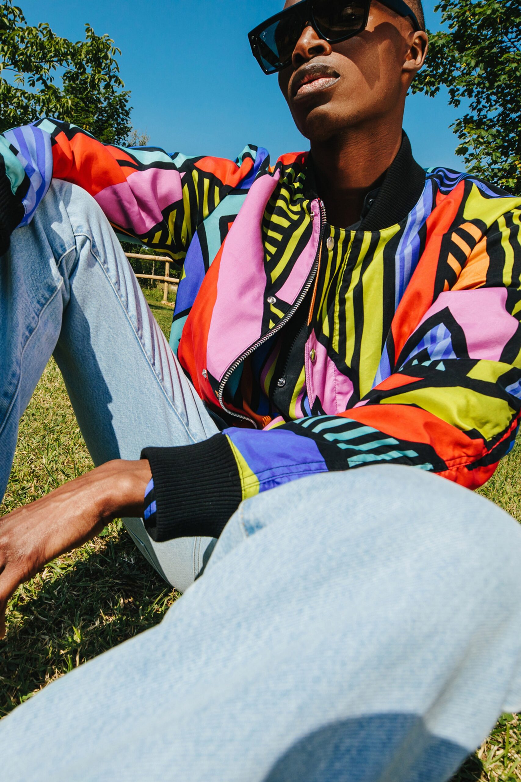 colorful relaxed jacket with slim jeans