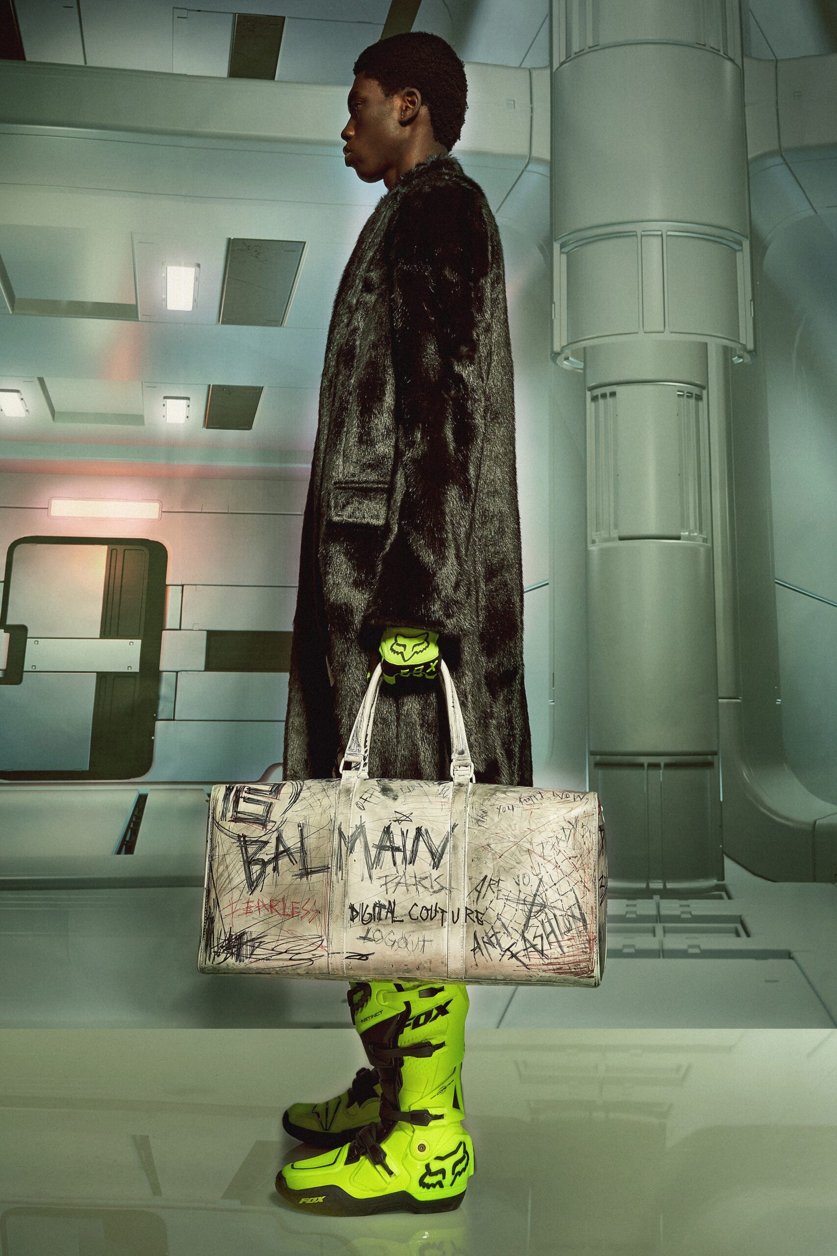 black fur coat with green shoes