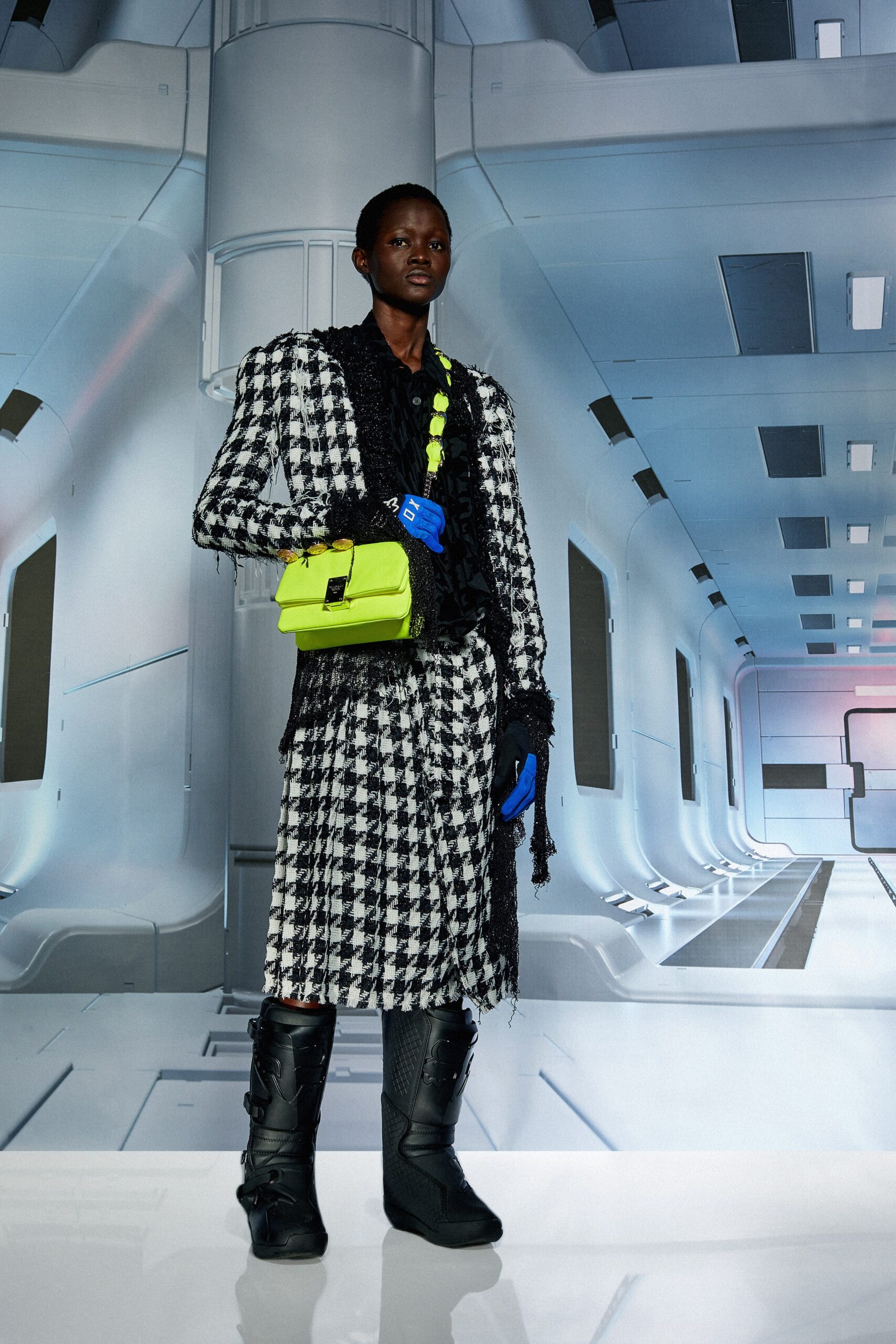 black and white checked midi dress