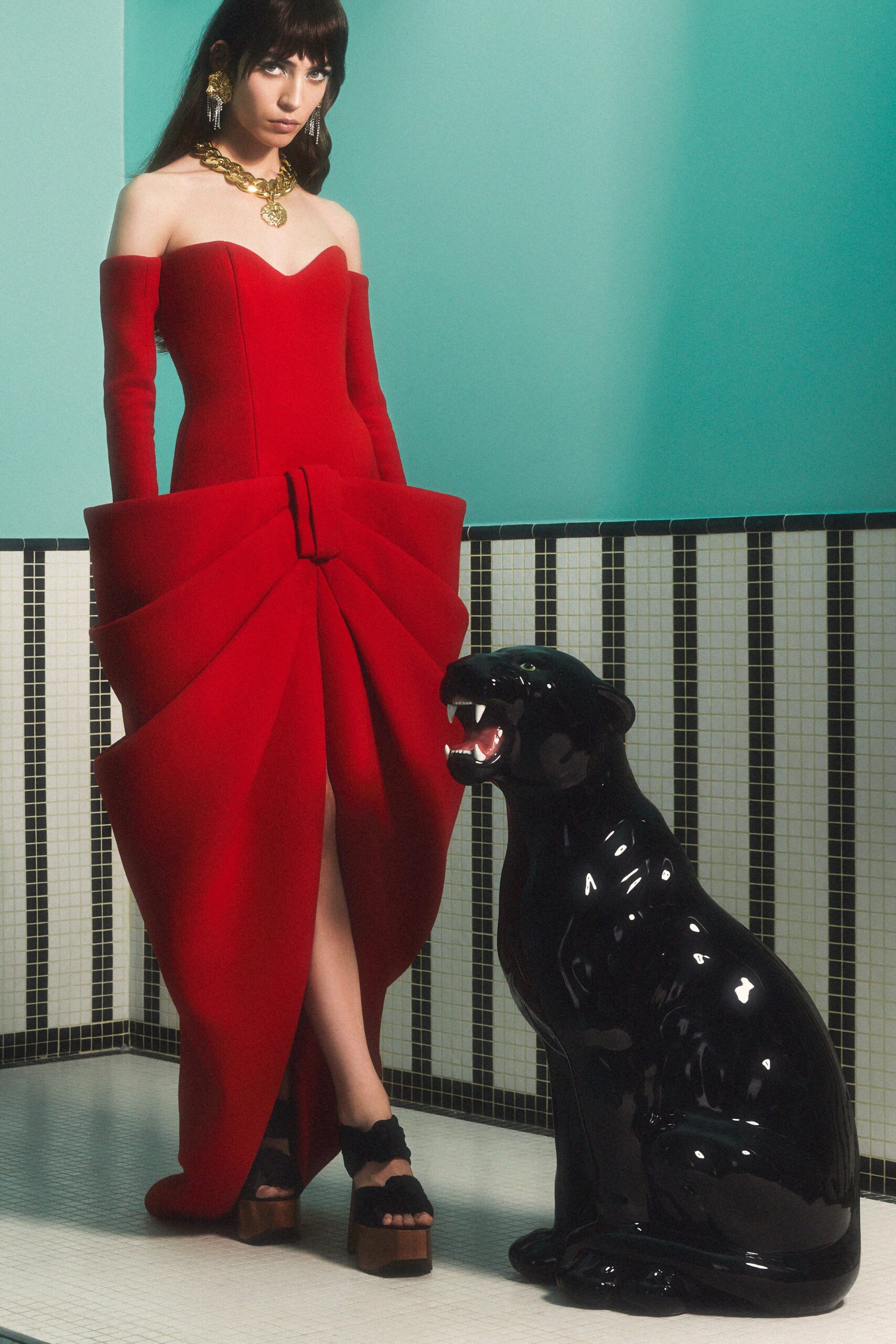 red silk off-shoulder gown