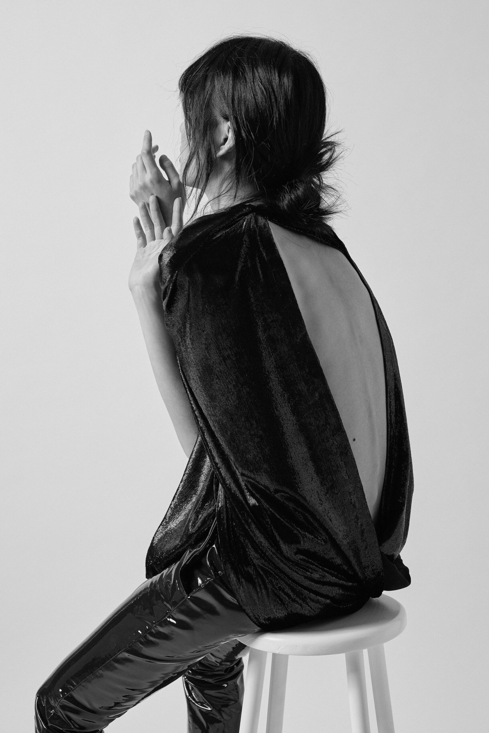 black velvet sleeveless backless relaxed draped shiny top