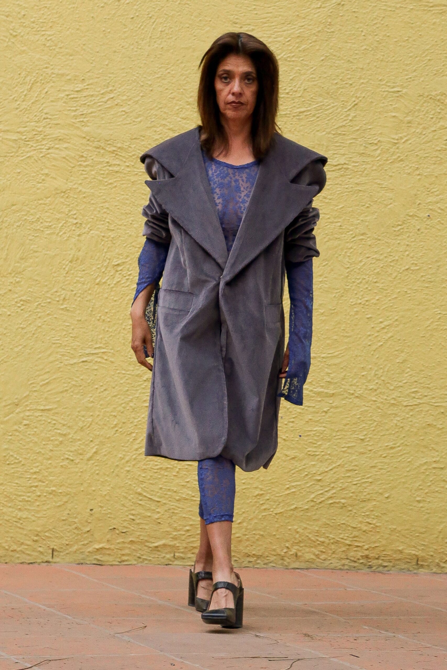gray suede coat with blue lace top