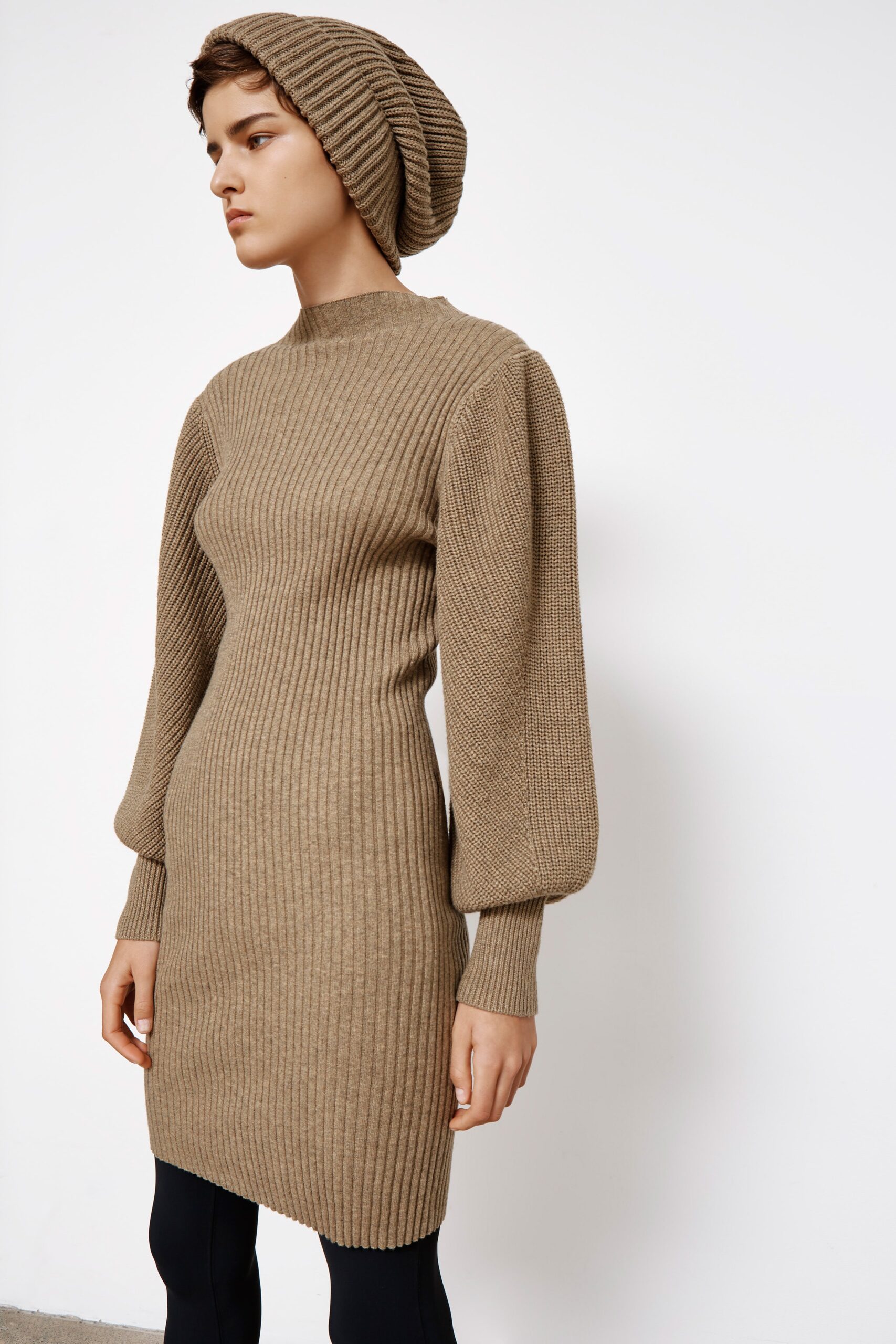 beige knit long-sleeve high-neck fitted ribbed short dress