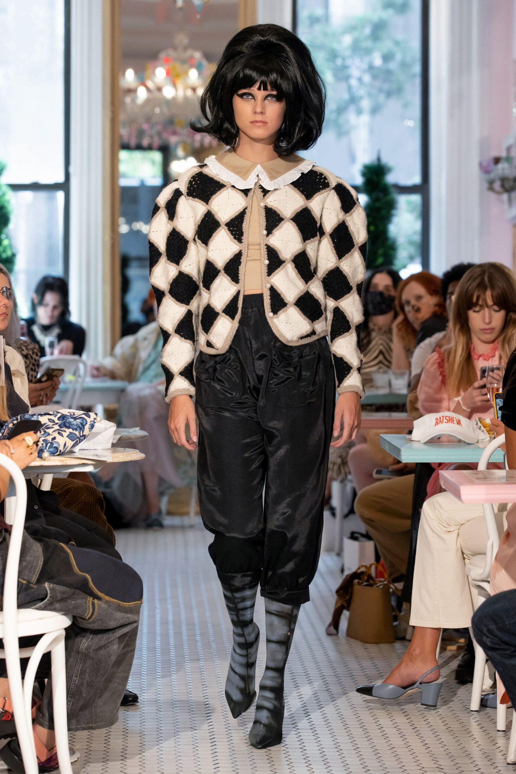 black and white checked jacket with relaxed pants