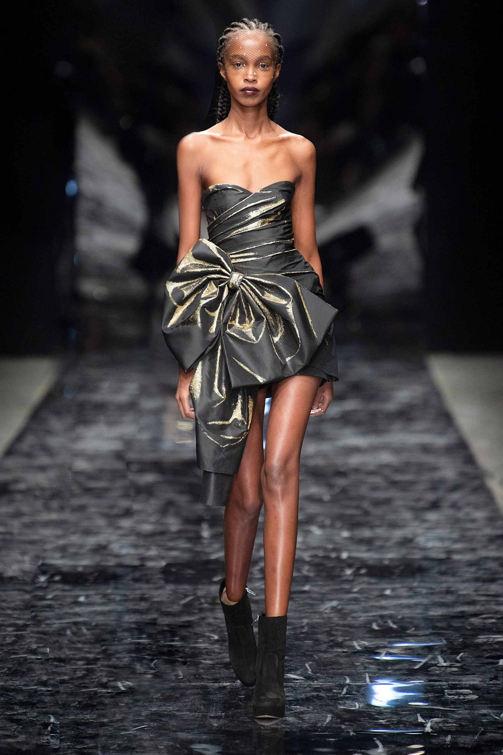black and gold strapless mini dress