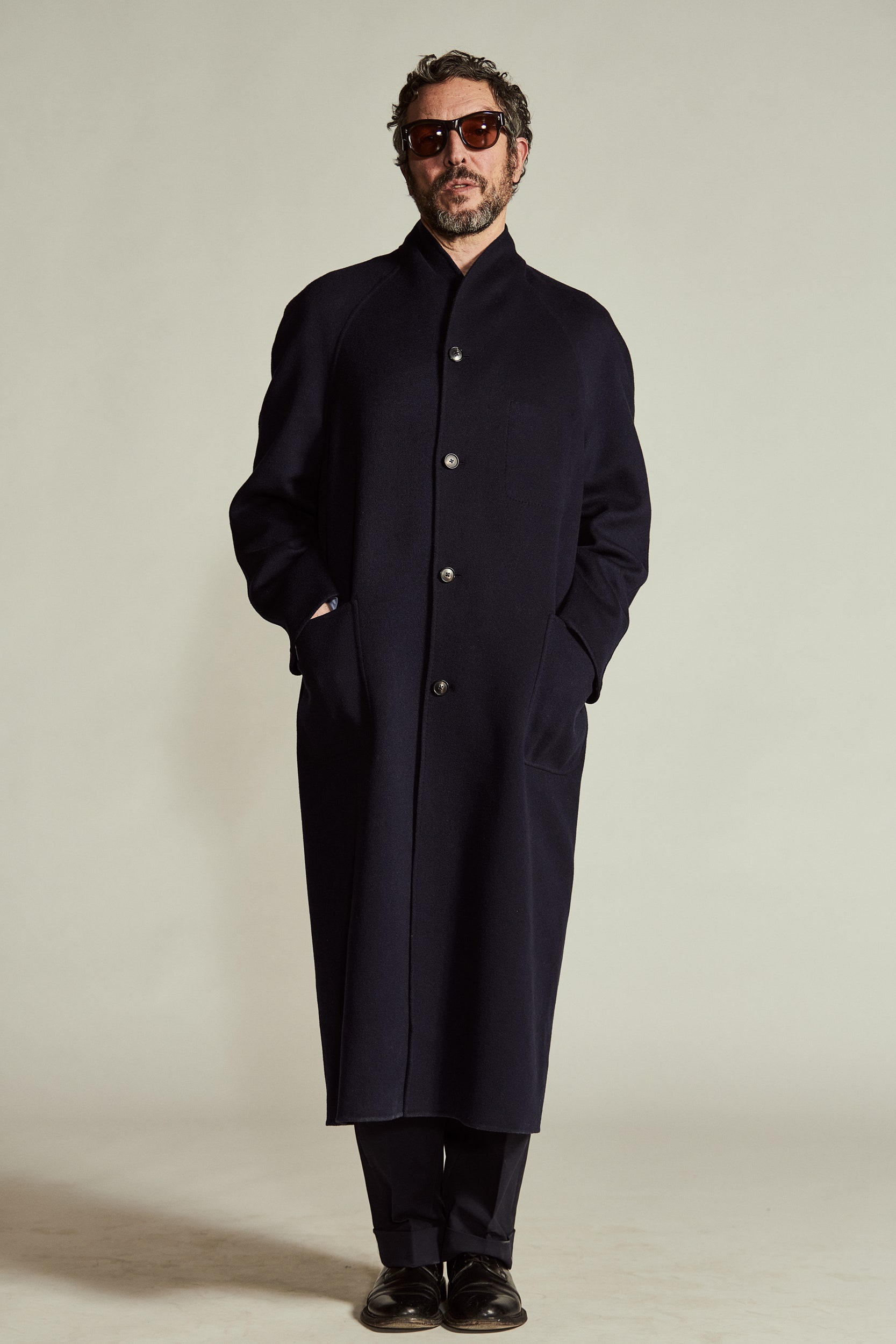 blue wool long-sleeve collared relaxed buttoned maxi coat