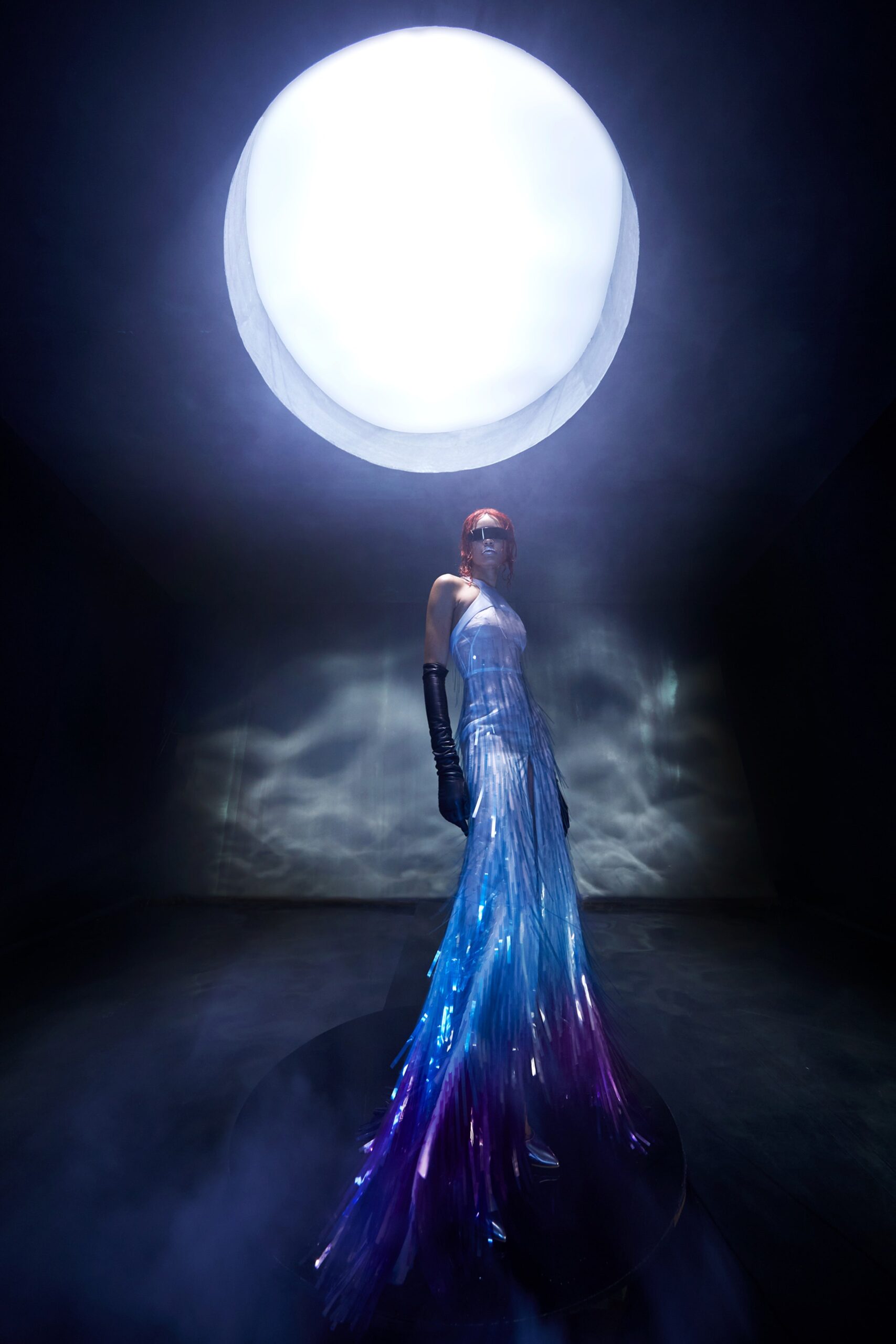 blue and purple fringed gown