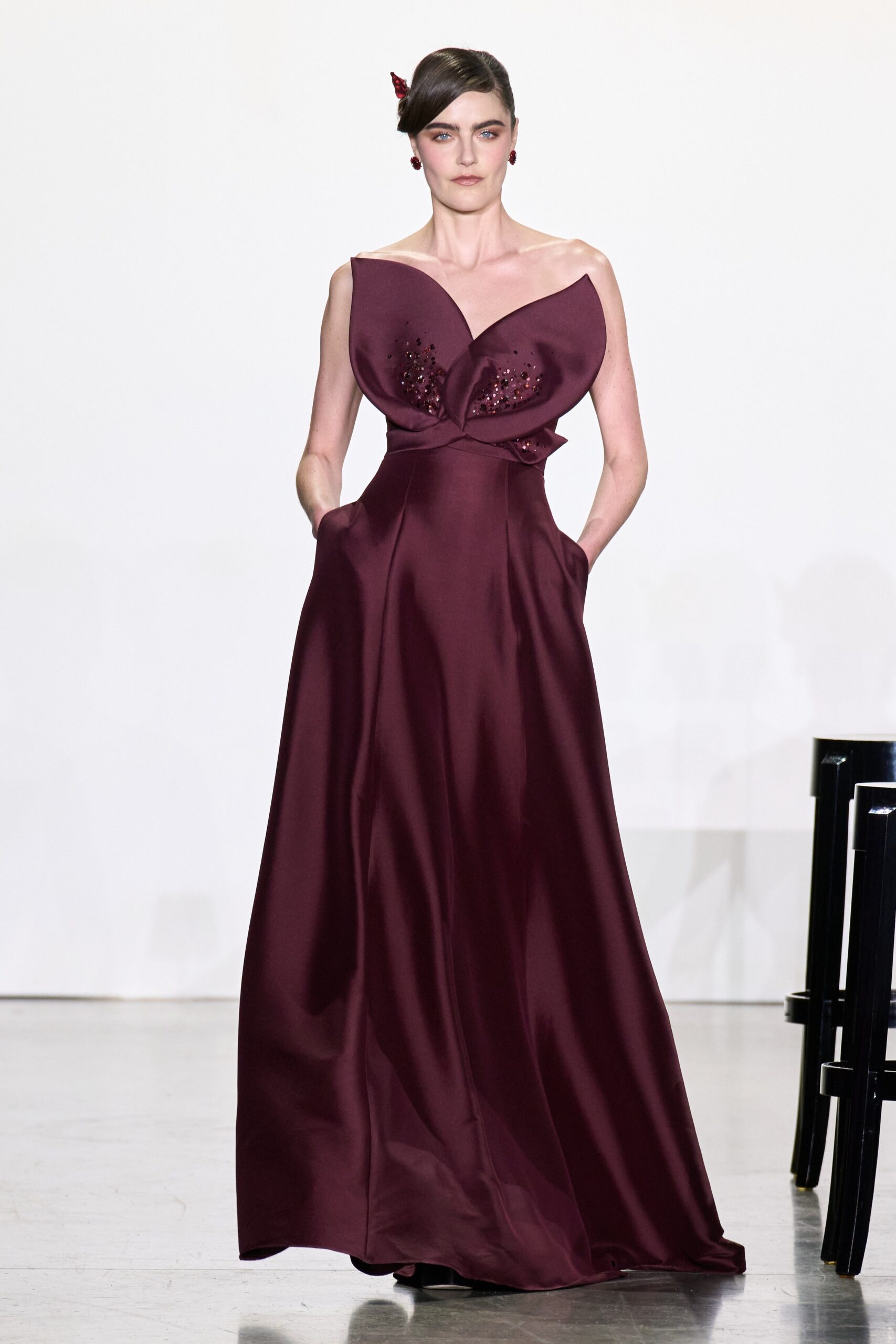 maroon satin off-shoulder gown