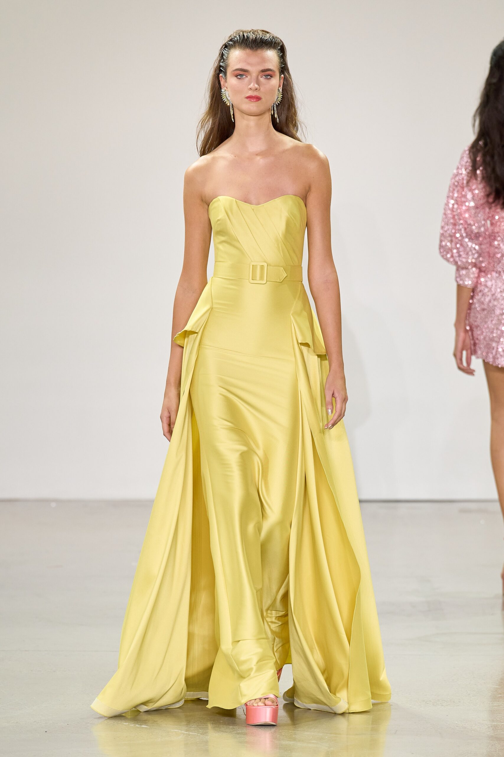 yellow silk strapless gown